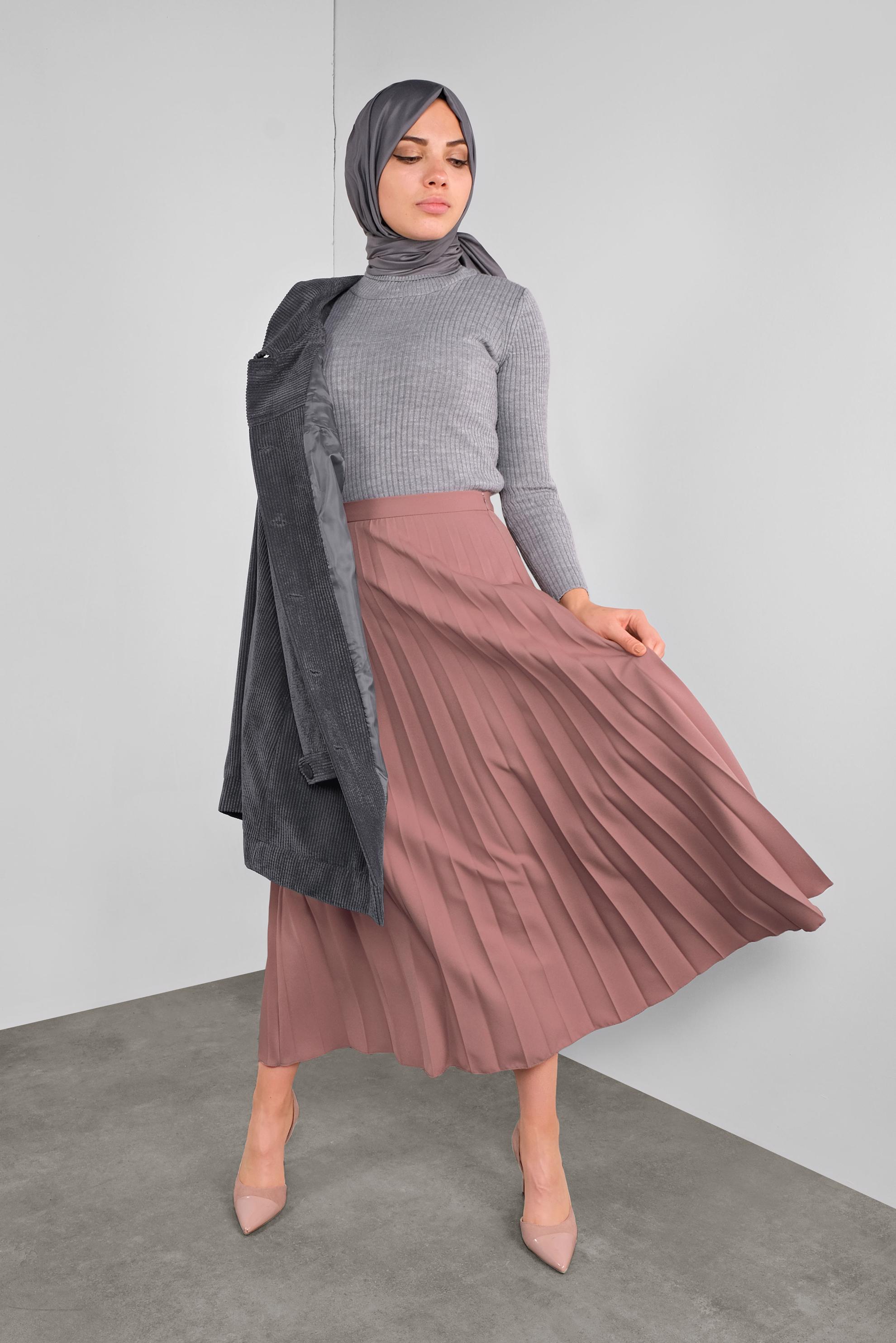 Tesettür giyim PEMBE PİLELİ ETEK 60107