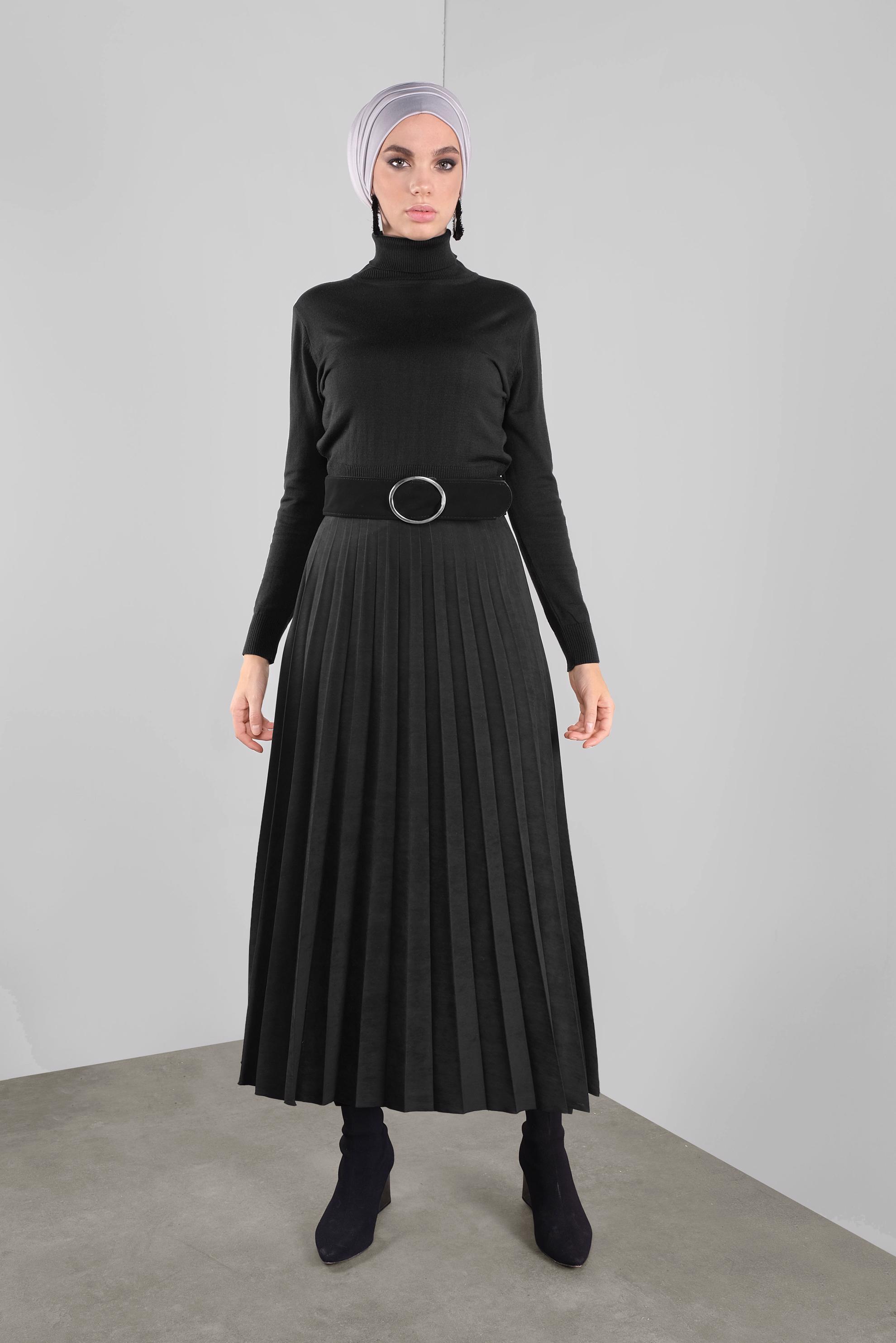 Tesettür giyim SİYAH PİLİSELİ ETEK 60108 