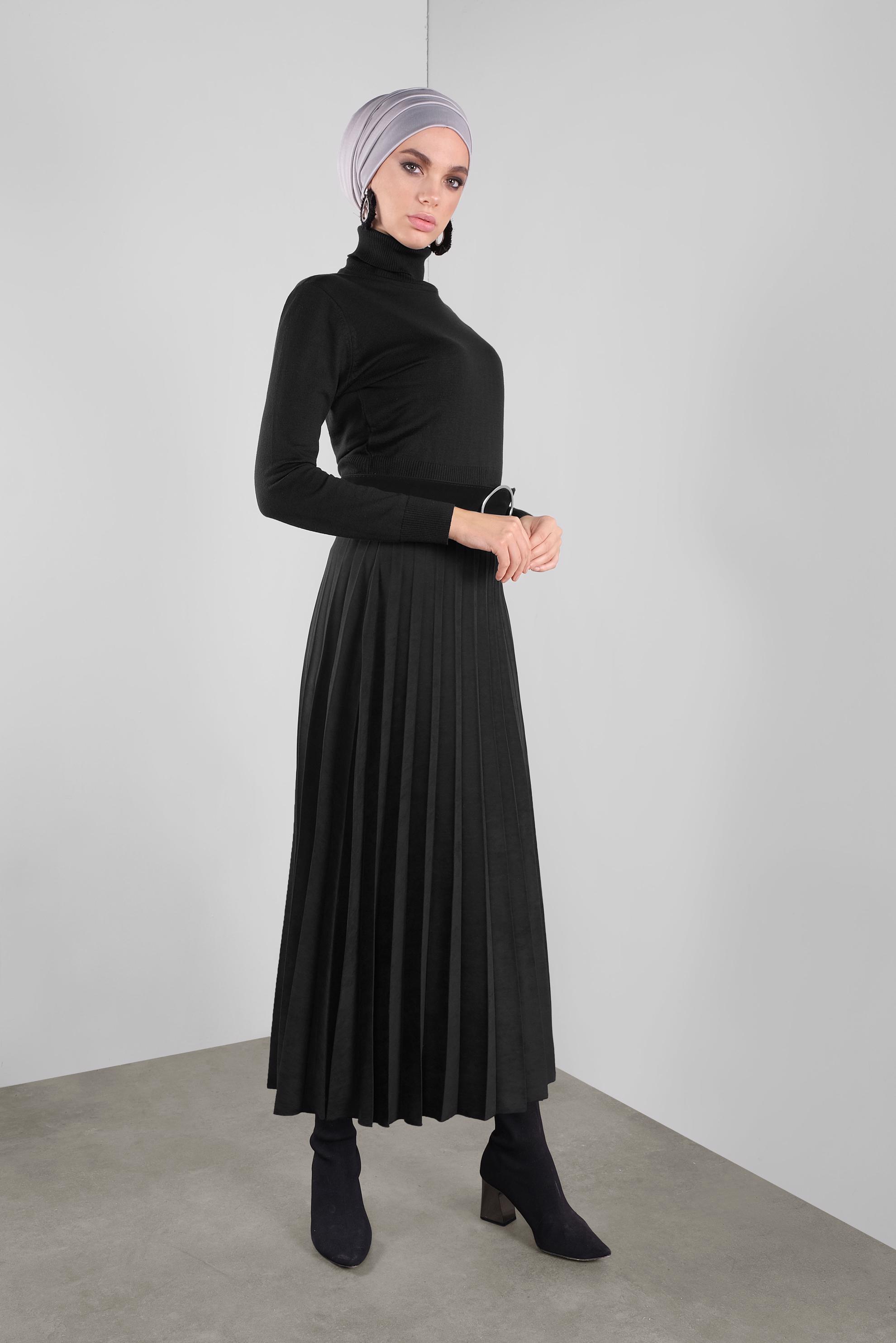 Tesettür giyim SİYAH PİLİSELİ ETEK 60108 