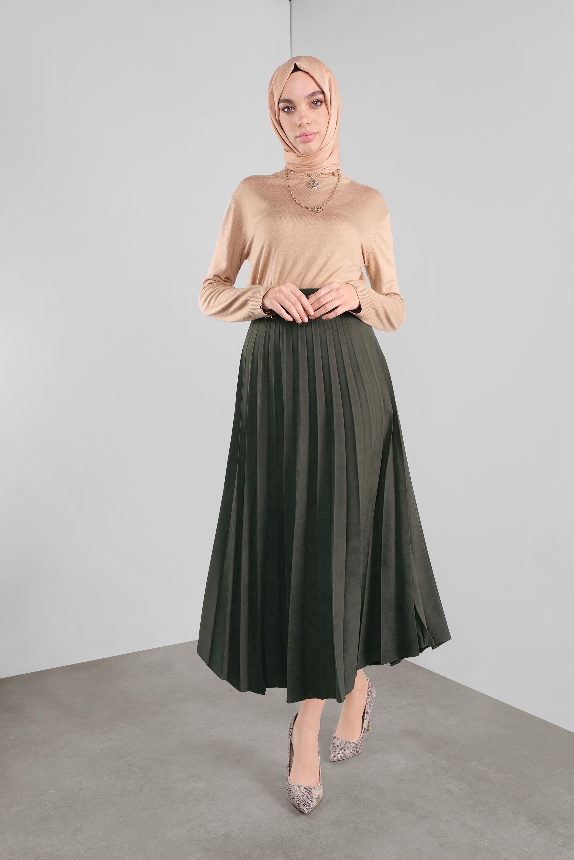 Tesettür giyim HAKİ PİLİSELİ ETEK 60108 