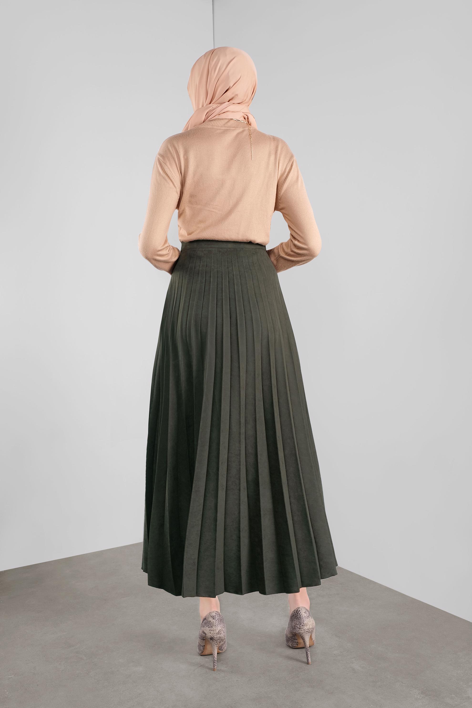 Tesettür giyim HAKİ PİLİSELİ ETEK 60108 