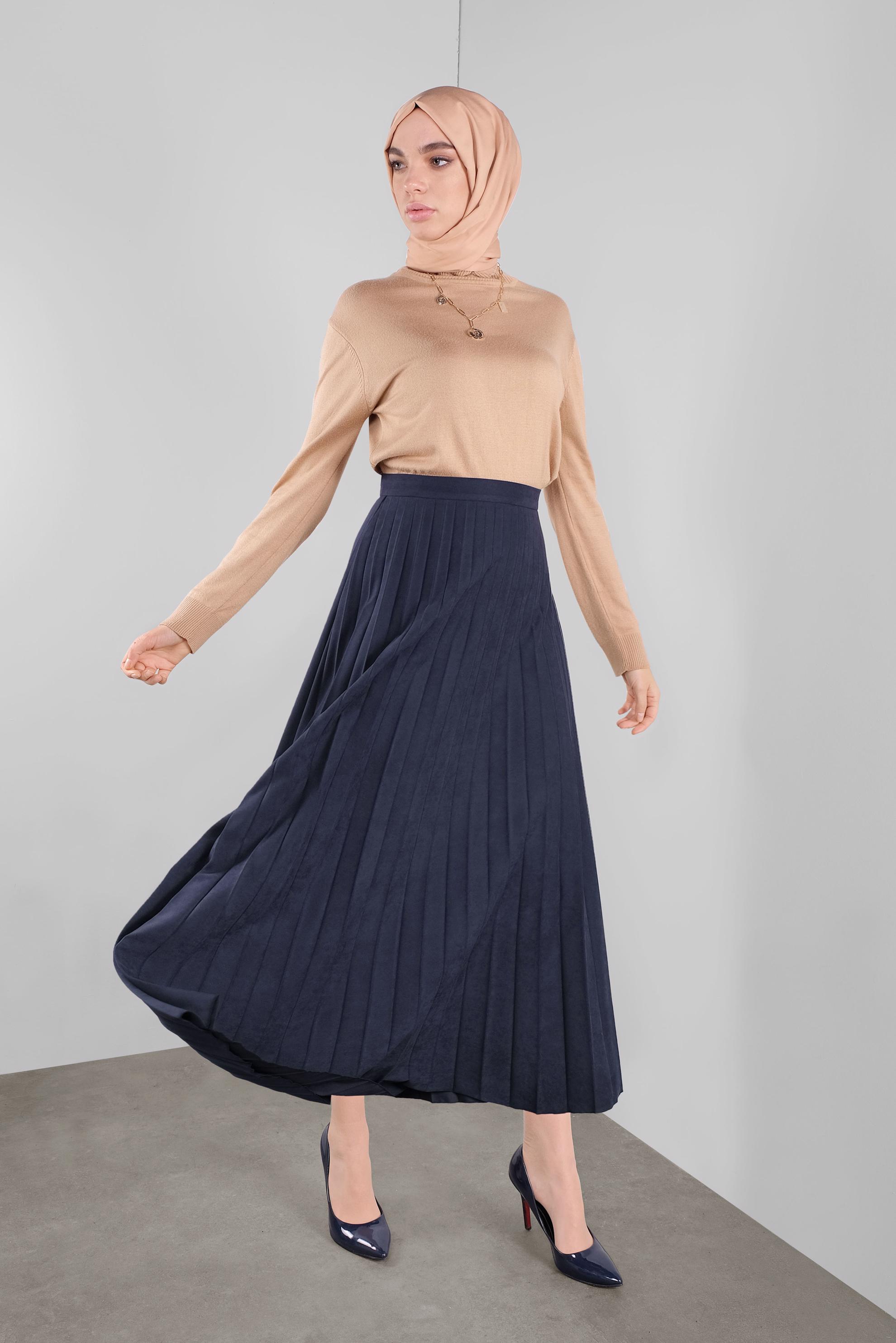 Tesettür giyim LACİVERT PİLİSELİ ETEK 60108 