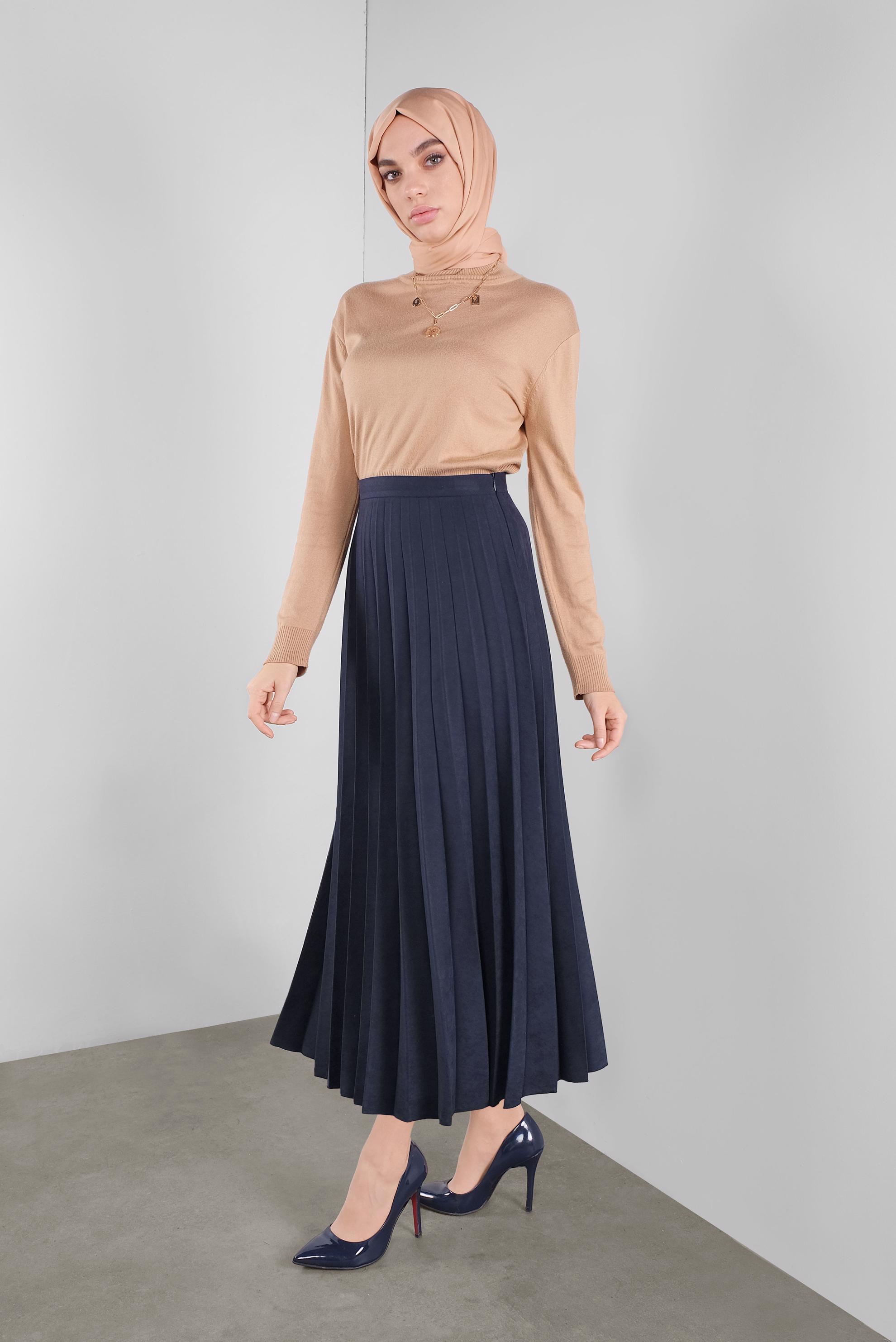 Tesettür giyim LACİVERT PİLİSELİ ETEK 60108 