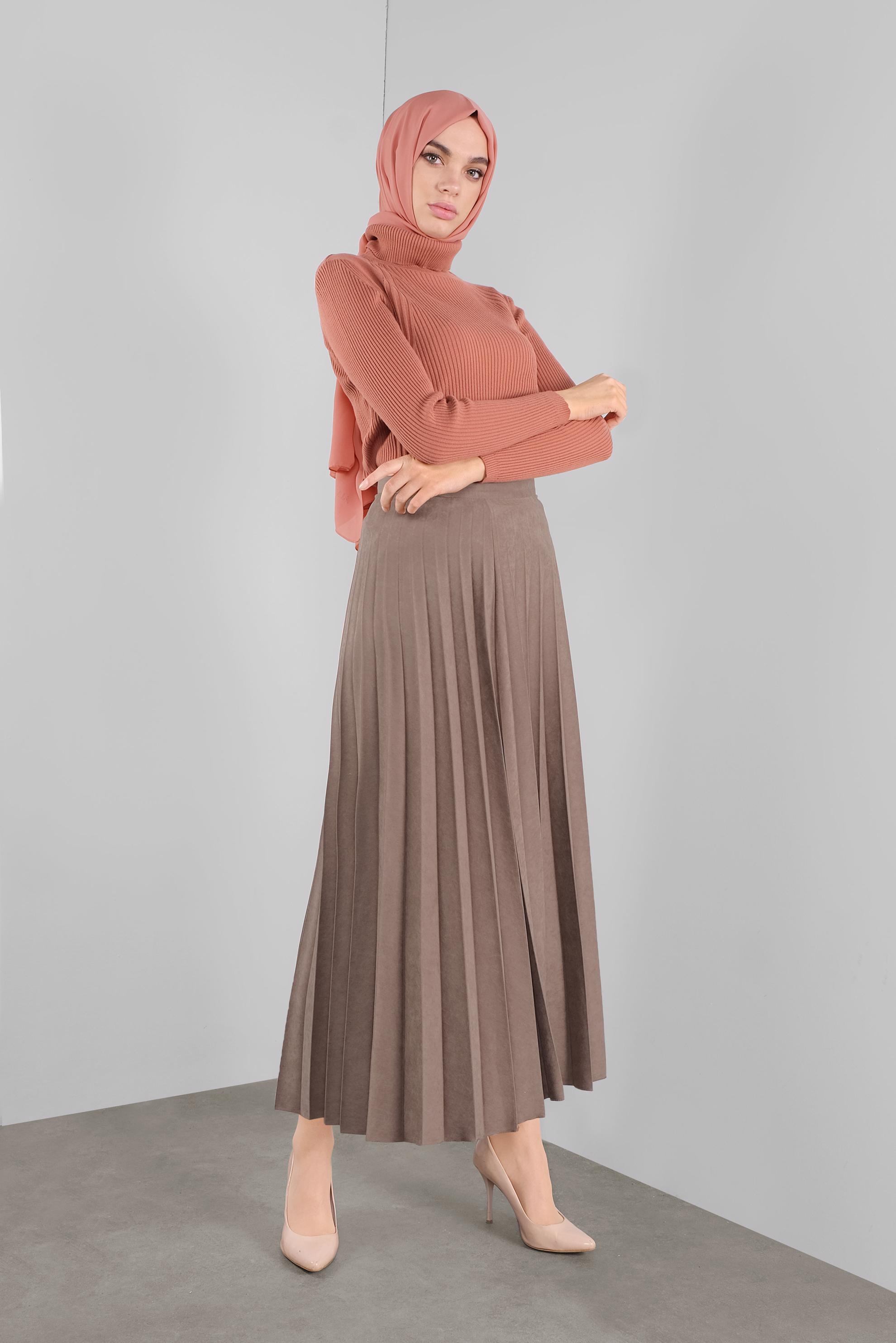 Tesettür giyim VİZON PİLİSELİ ETEK 60108 