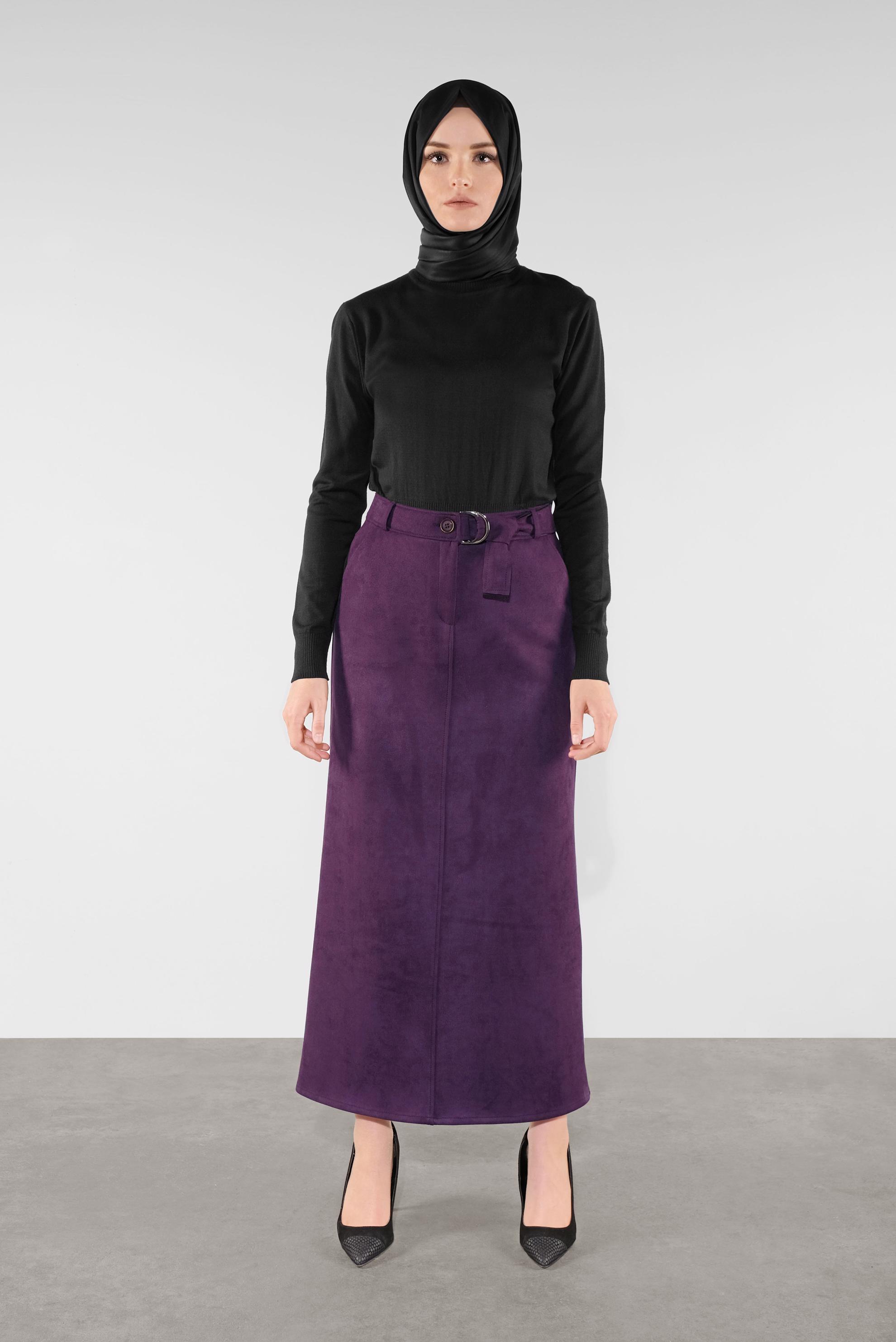 Tesettür giyim MOR KEMERLİ SÜET ETEK 60110 