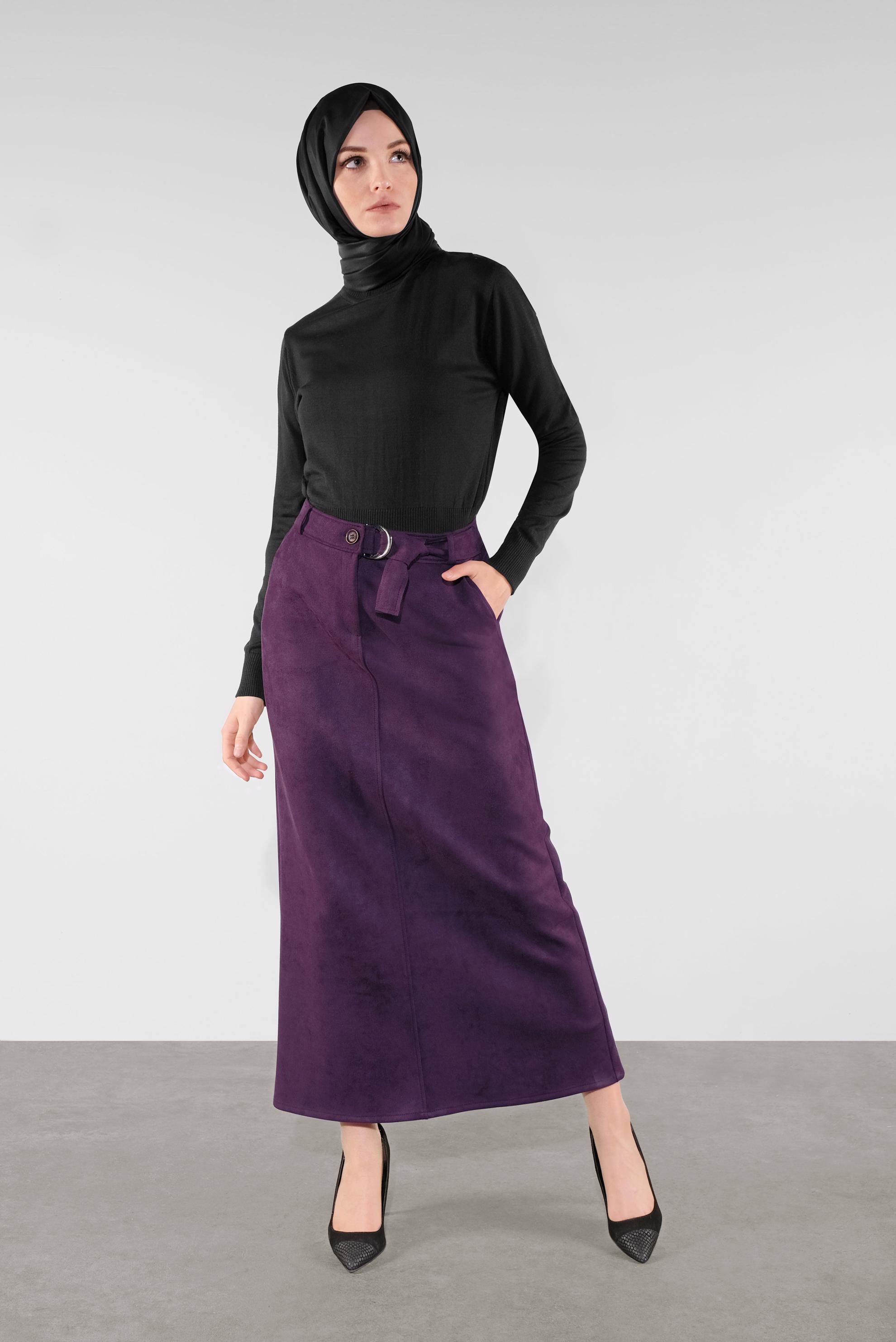 Tesettür giyim MOR KEMERLİ SÜET ETEK 60110 