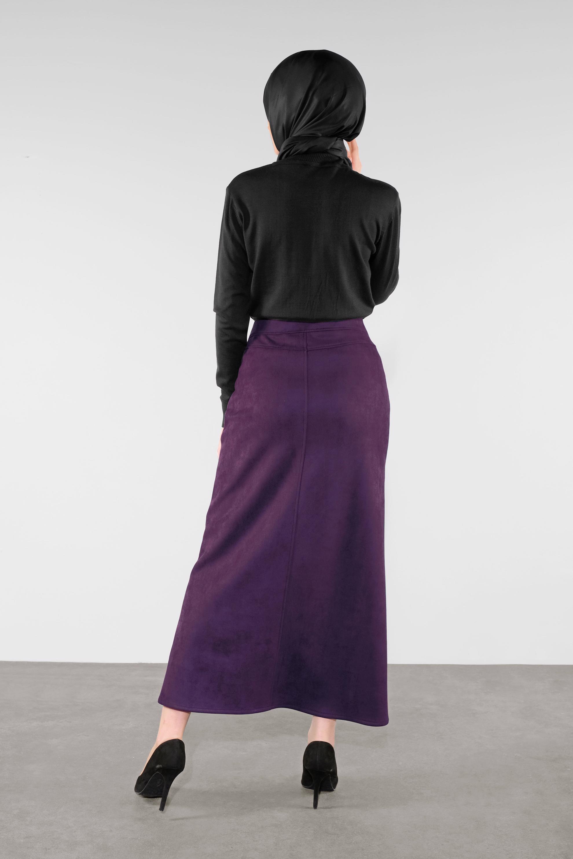 Tesettür giyim MOR KEMERLİ SÜET ETEK 60110 