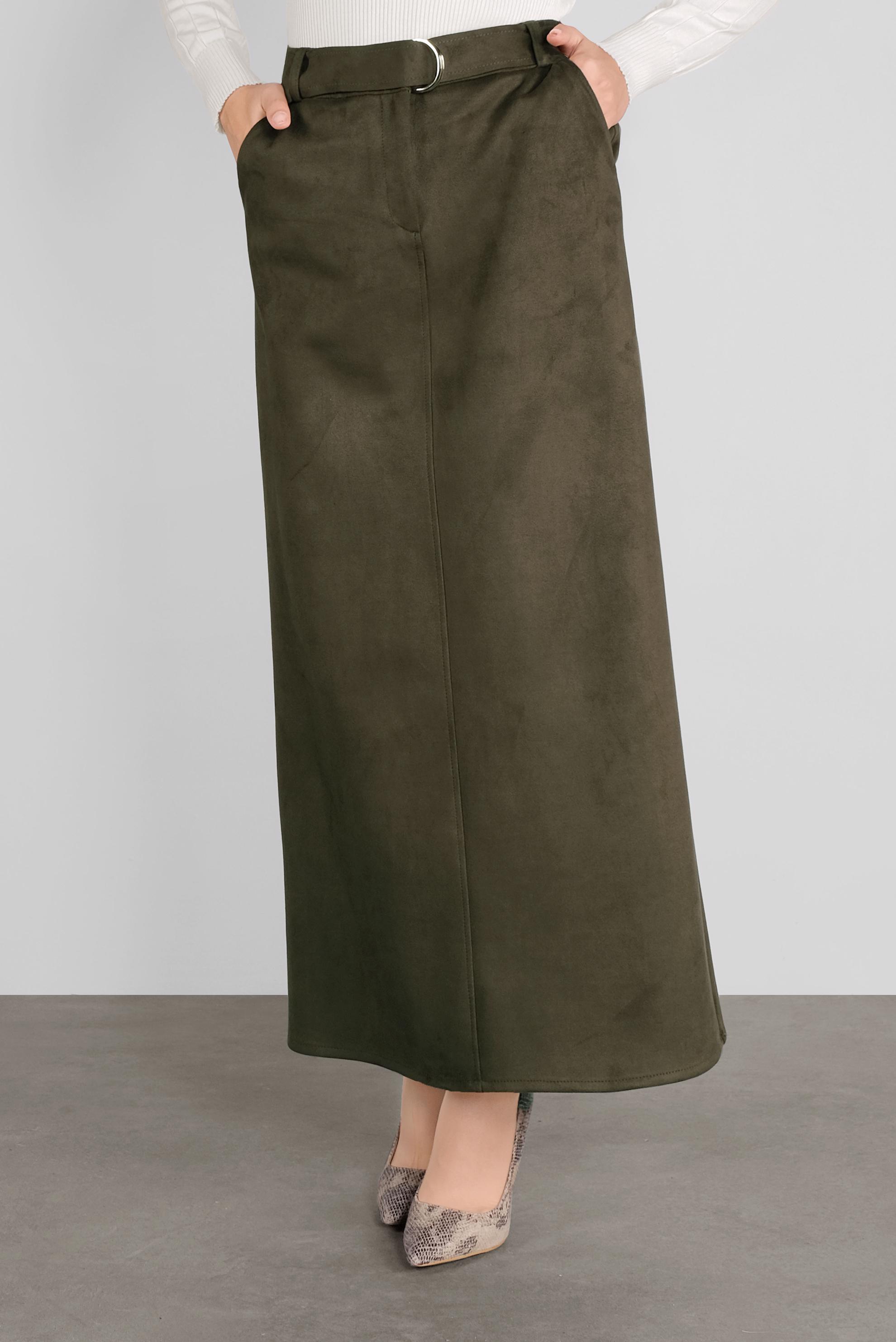 Tesettür giyim HAKİ KEMERLİ SÜET ETEK 60110 