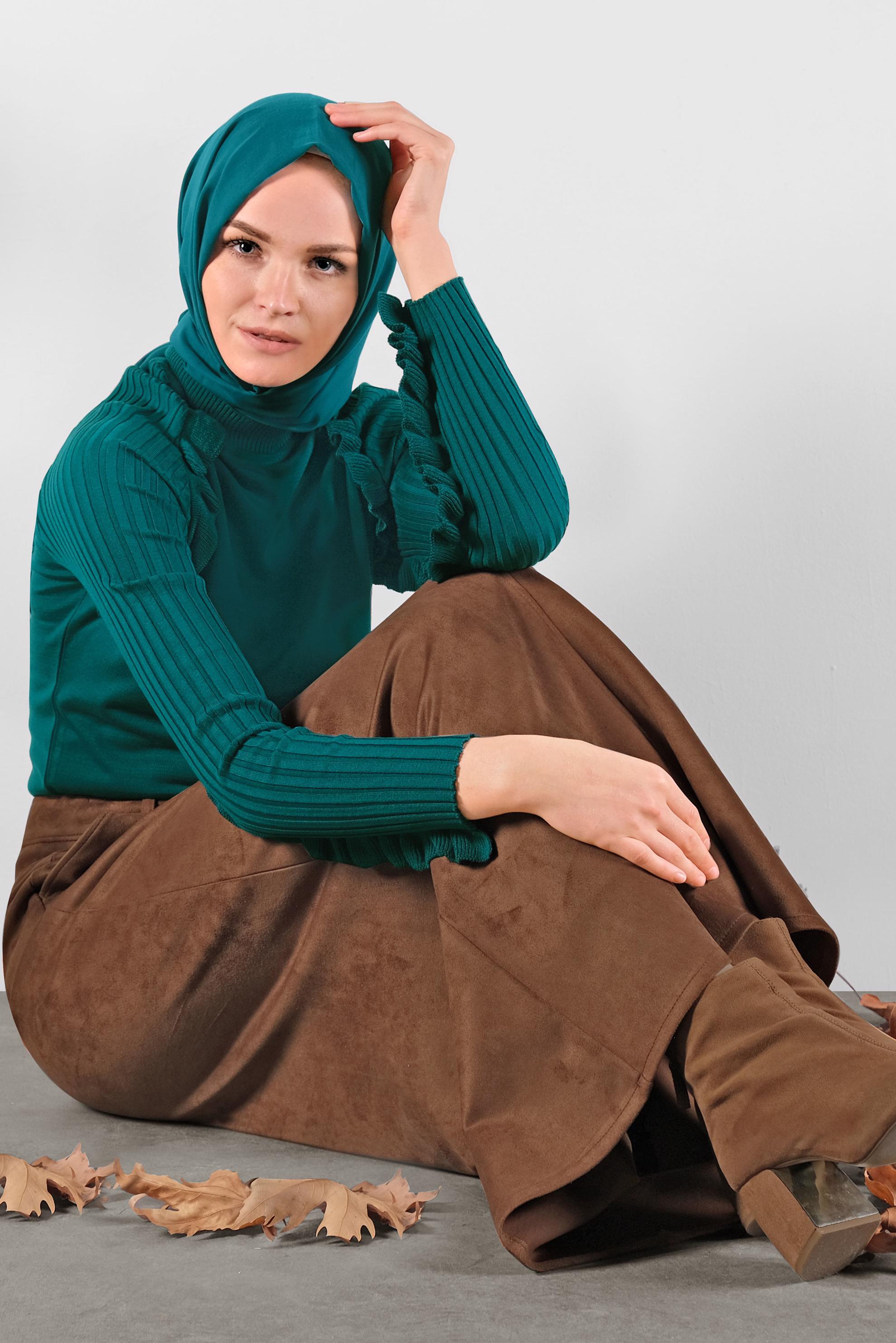 Tesettür giyim TABA KEMERLİ SÜET ETEK 60110 