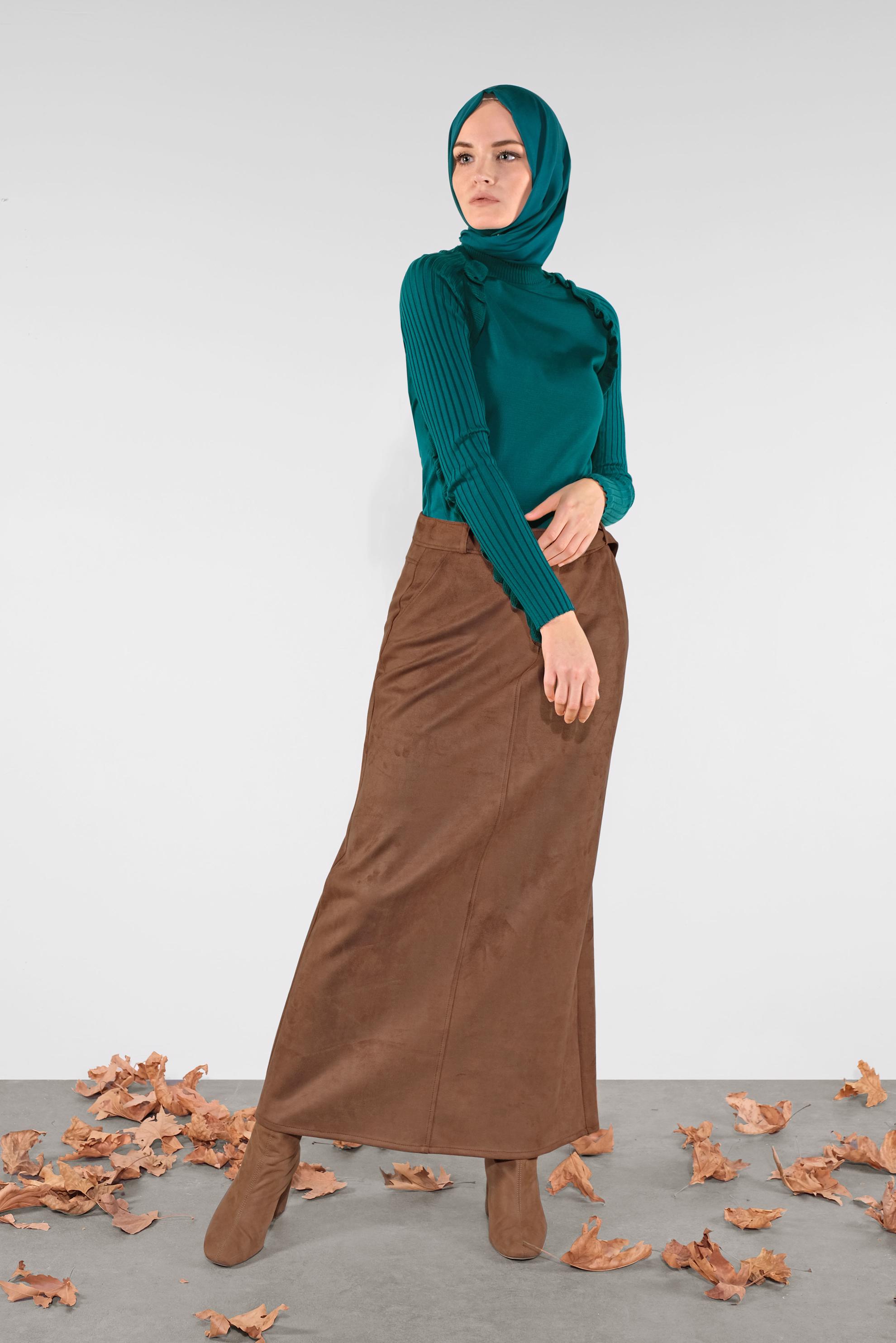 Tesettür giyim TABA KEMERLİ SÜET ETEK 60110 