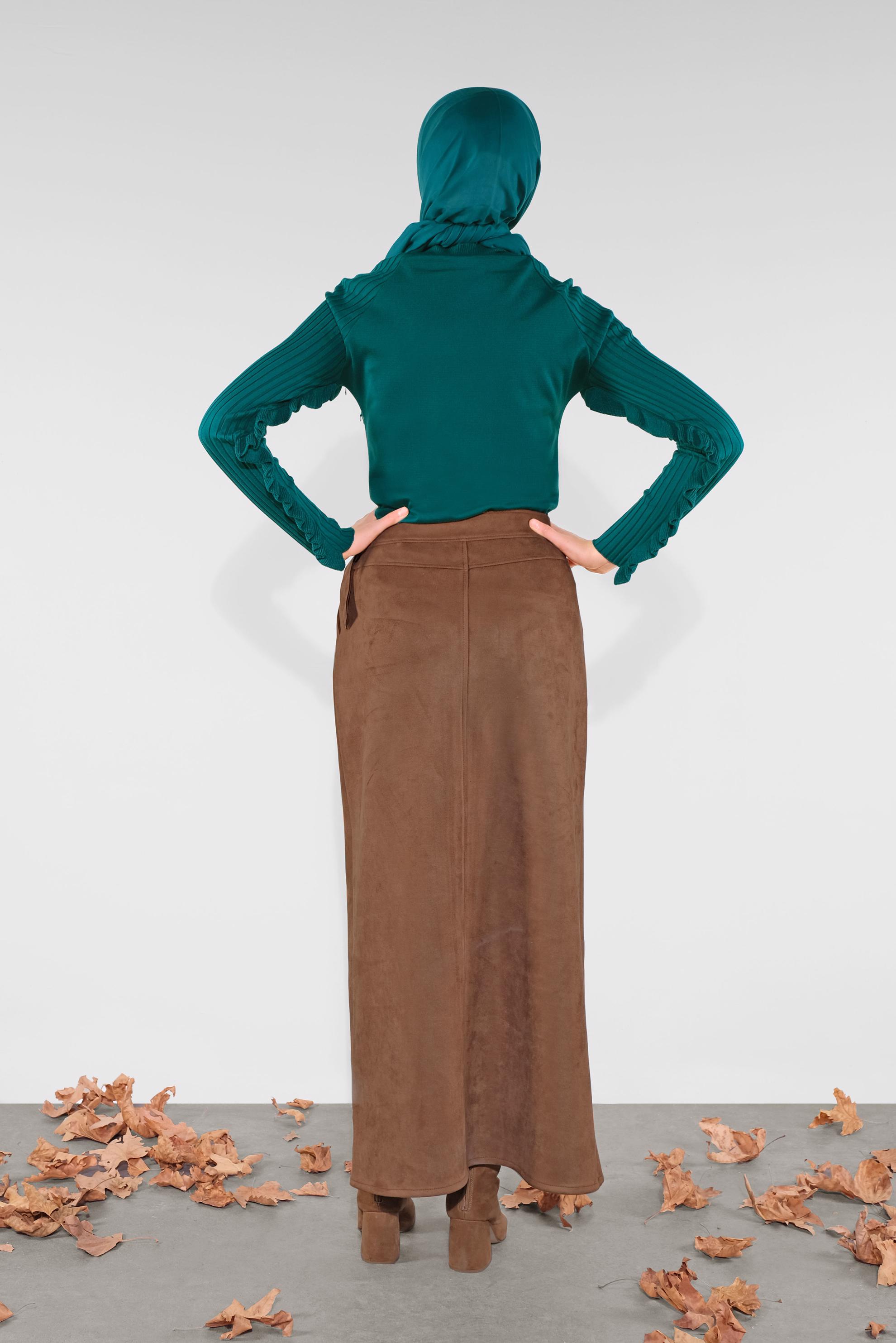 Tesettür giyim TABA KEMERLİ SÜET ETEK 60110 