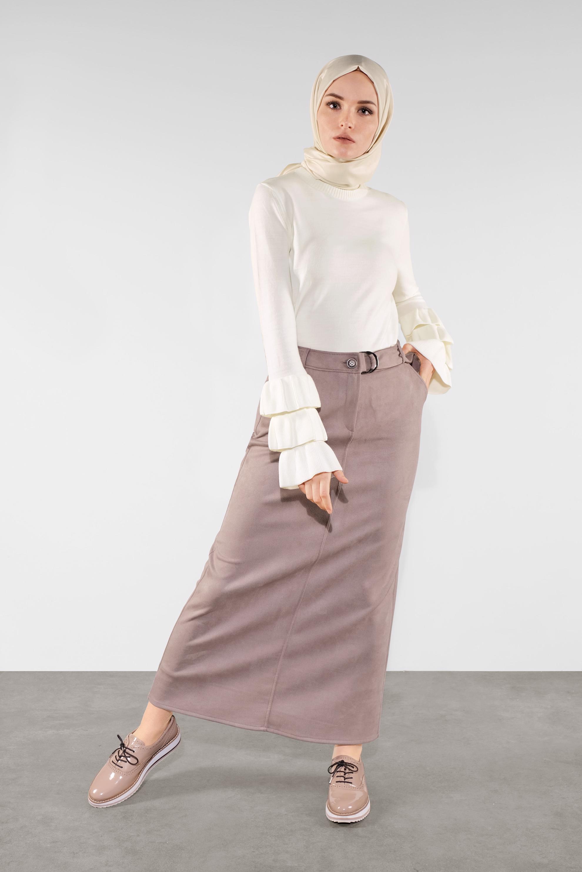 Tesettür giyim VİZON KEMERLİ SÜET ETEK 60110 