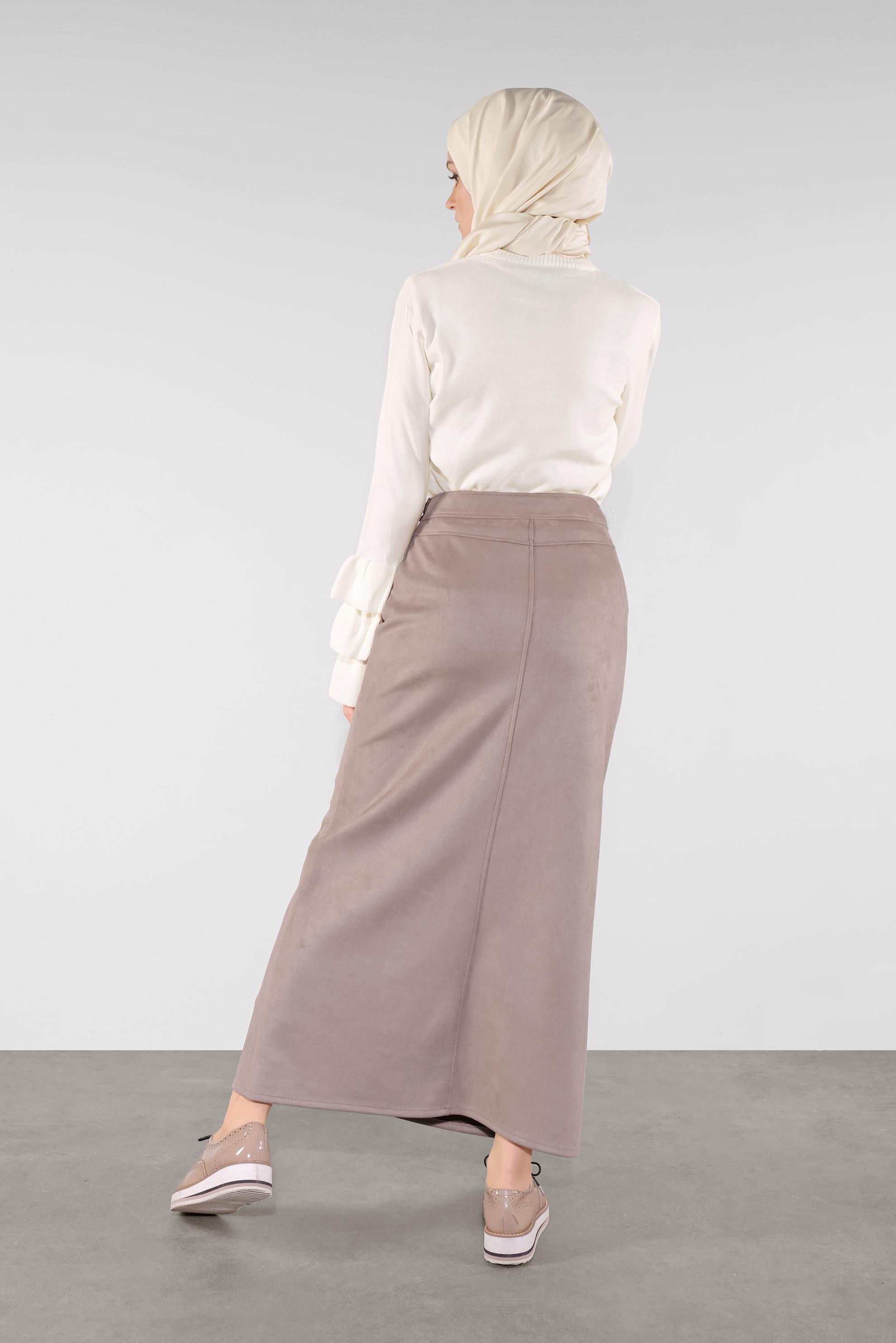 Tesettür giyim VİZON KEMERLİ SÜET ETEK 60110 