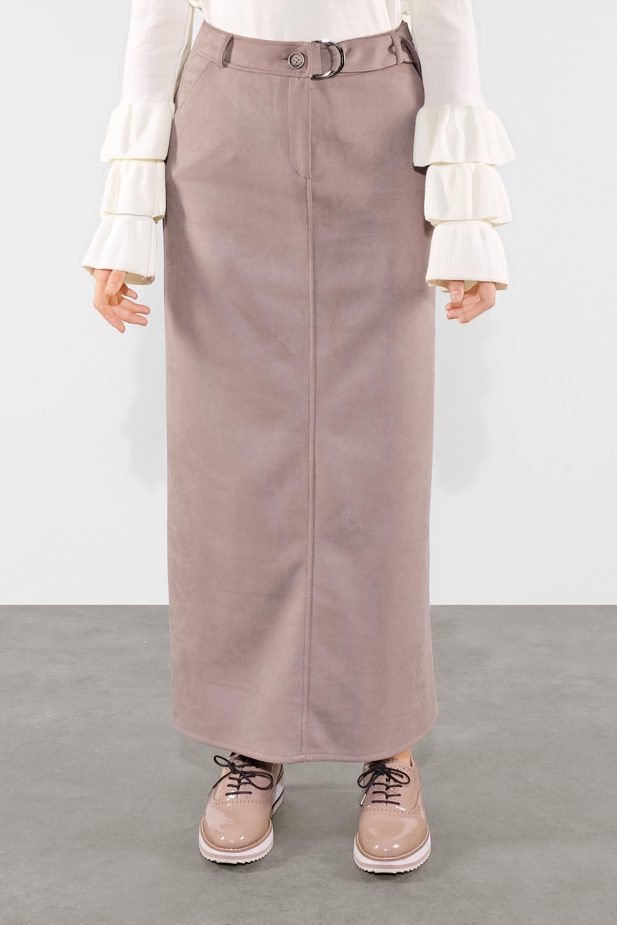 Tesettür giyim VİZON KEMERLİ SÜET ETEK 60110 