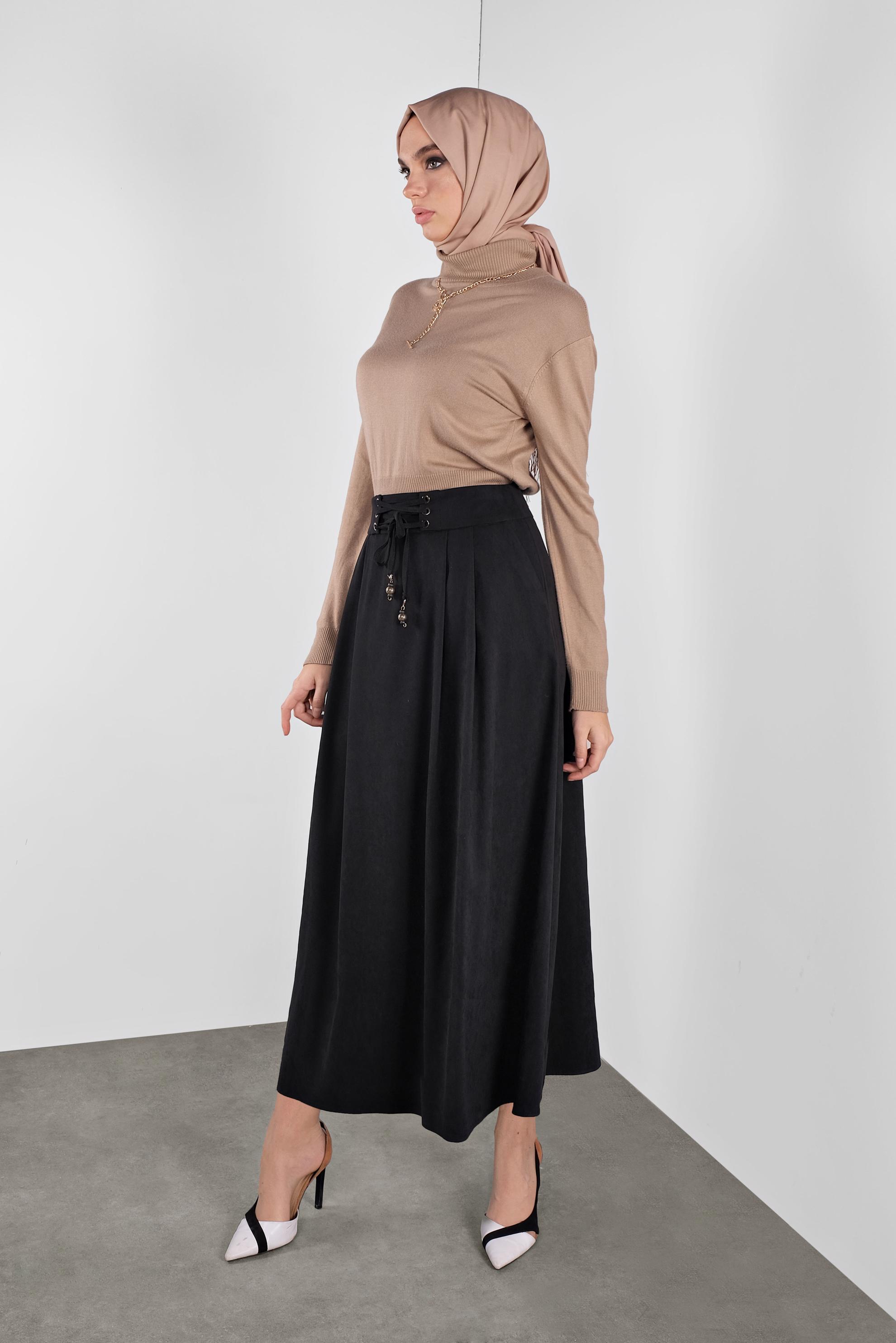 Tesettür giyim SİYAH BAĞCIKLI SÜET ETEK 60111 