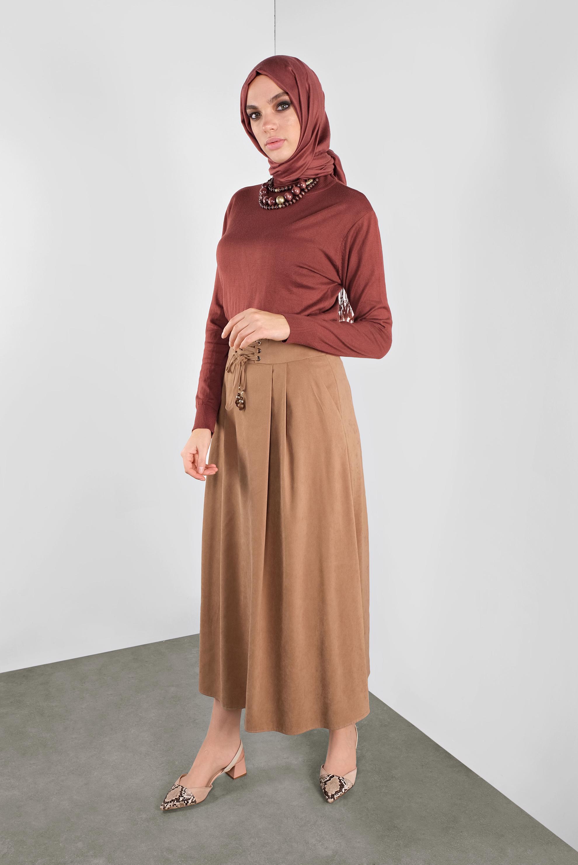 Tesettür giyim BEJ BAĞCIKLI SÜET ETEK 60111 