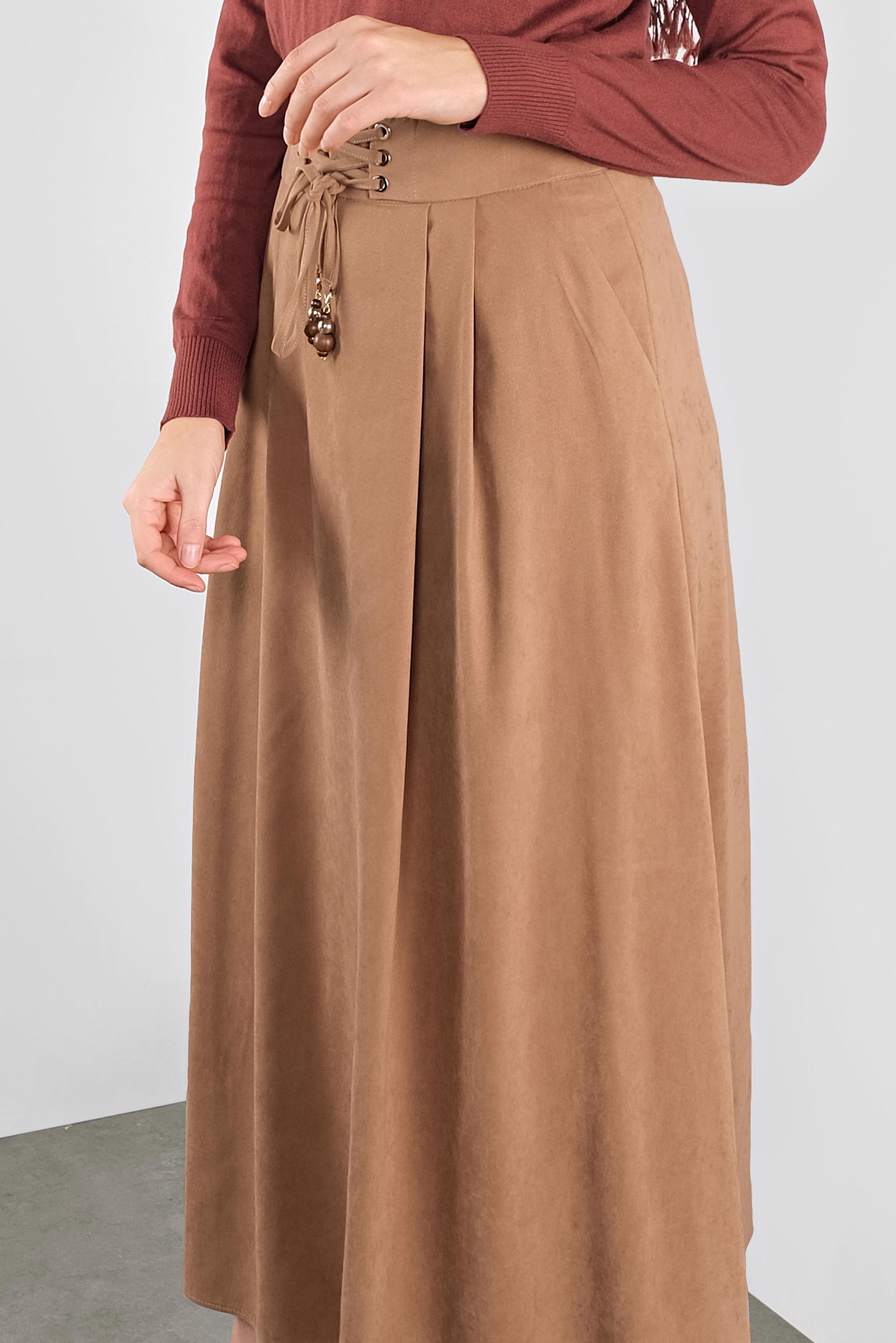 Tesettür giyim BEJ BAĞCIKLI SÜET ETEK 60111 