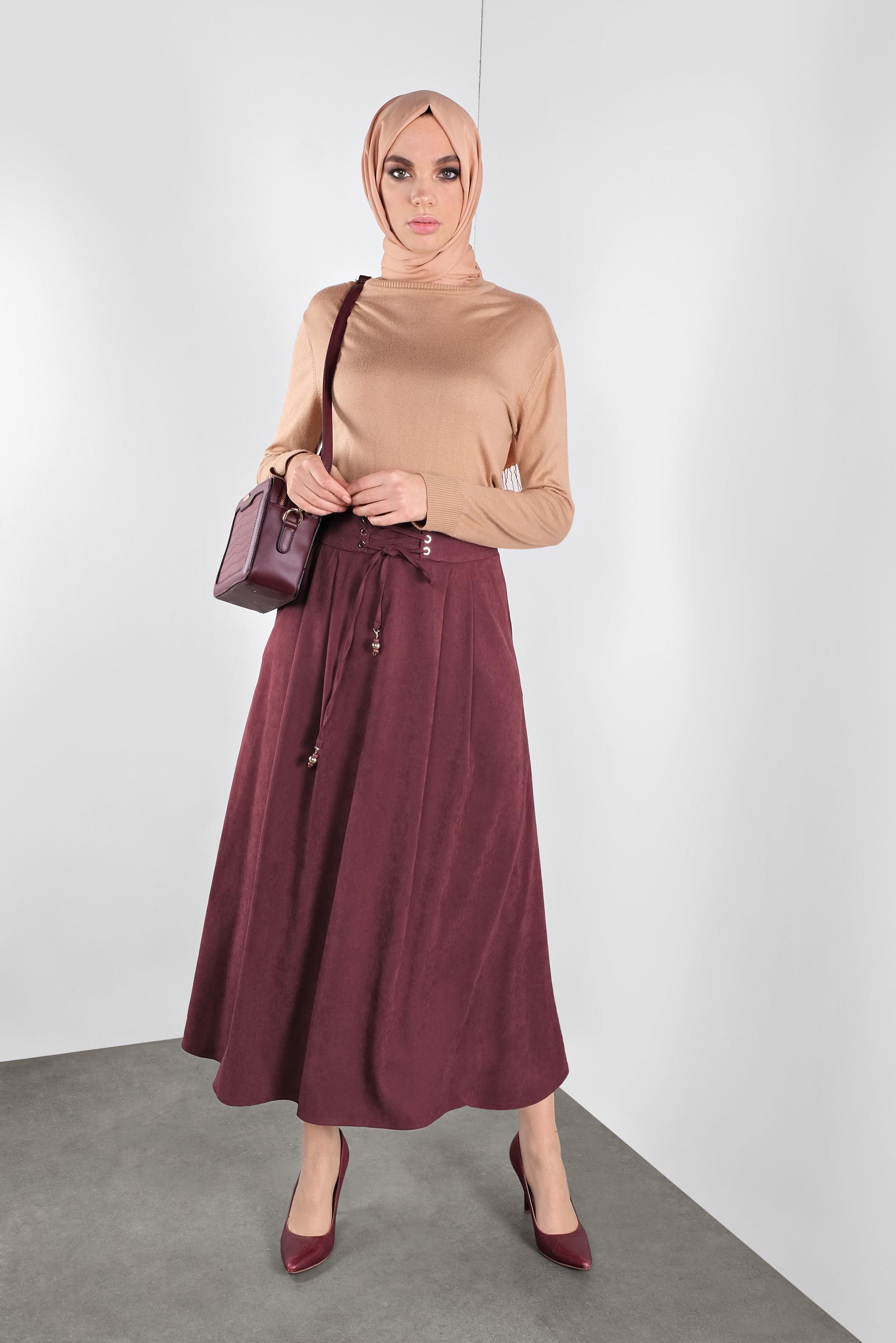 Tesettür giyim BORDO BAĞCIKLI SÜET ETEK 60111 