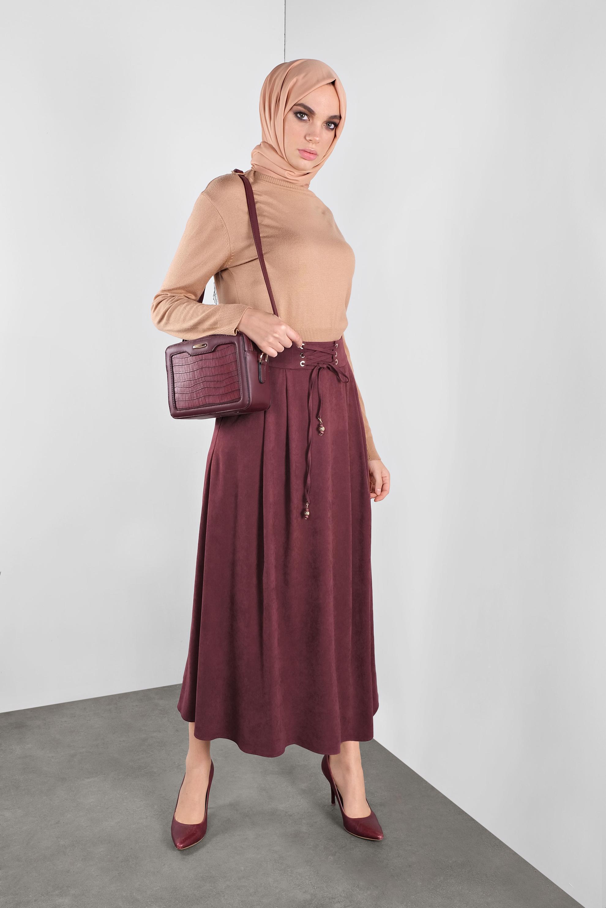 Tesettür giyim BORDO BAĞCIKLI SÜET ETEK 60111 