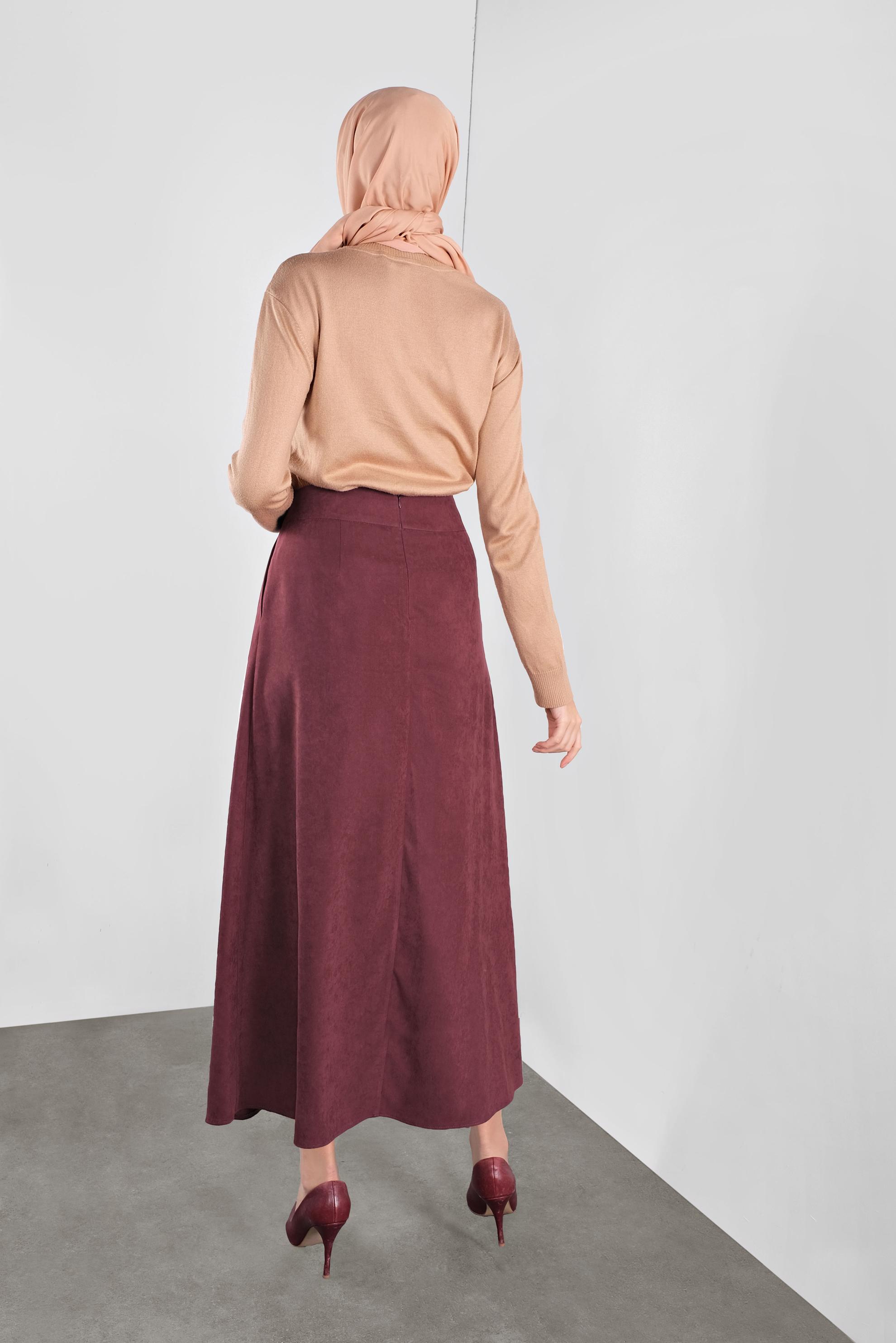 Tesettür giyim BORDO BAĞCIKLI SÜET ETEK 60111 