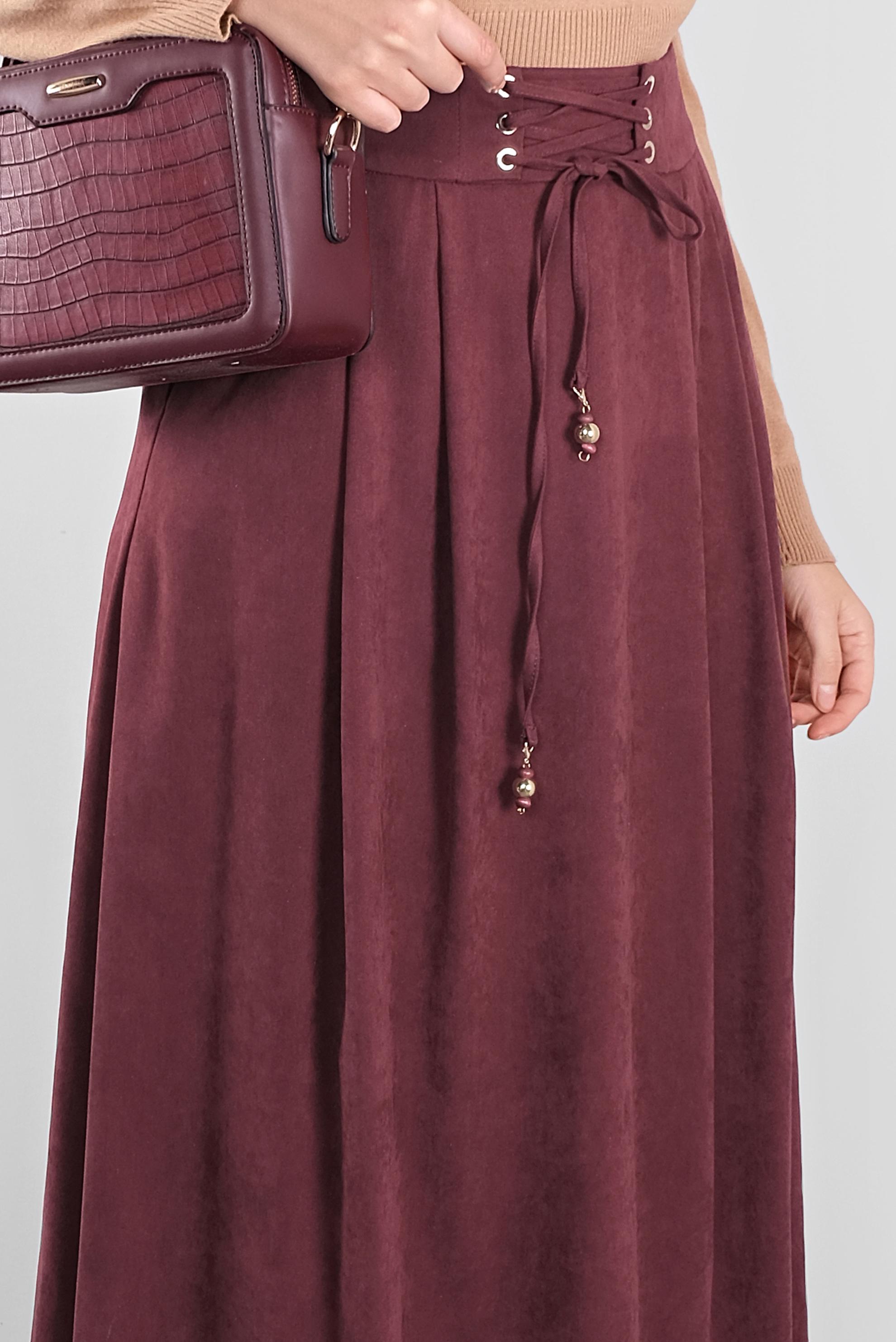Tesettür giyim BORDO BAĞCIKLI SÜET ETEK 60111 