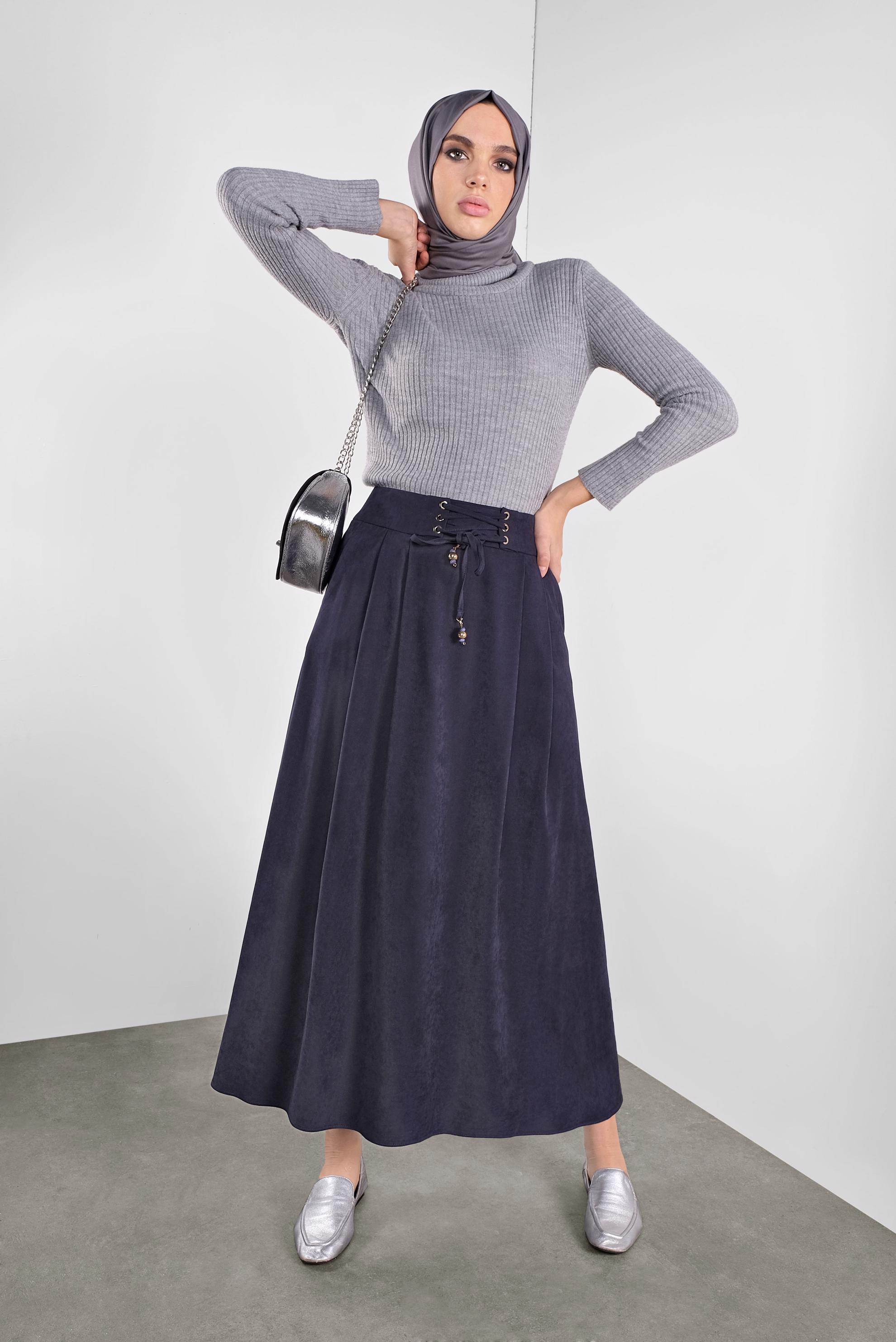 Tesettür giyim LACİVERT BAĞCIKLI SÜET ETEK 60111 