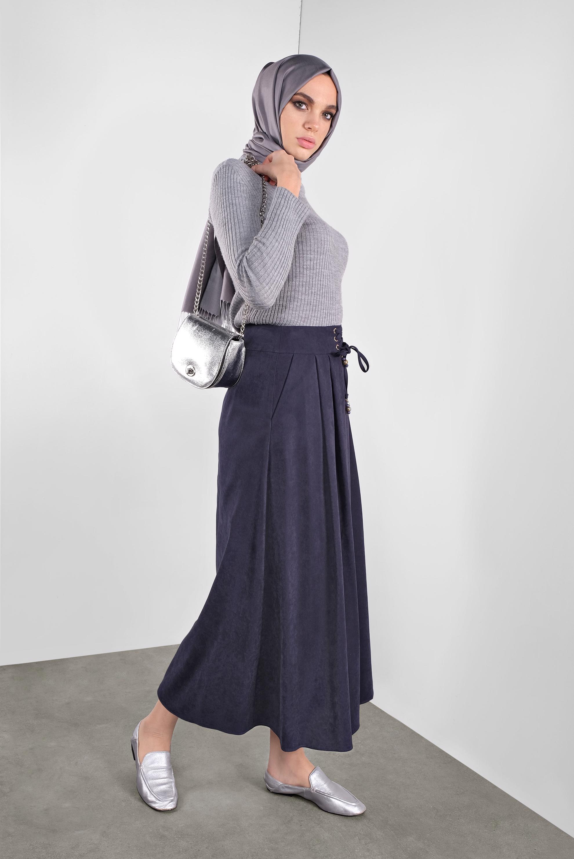 Tesettür giyim LACİVERT BAĞCIKLI SÜET ETEK 60111 
