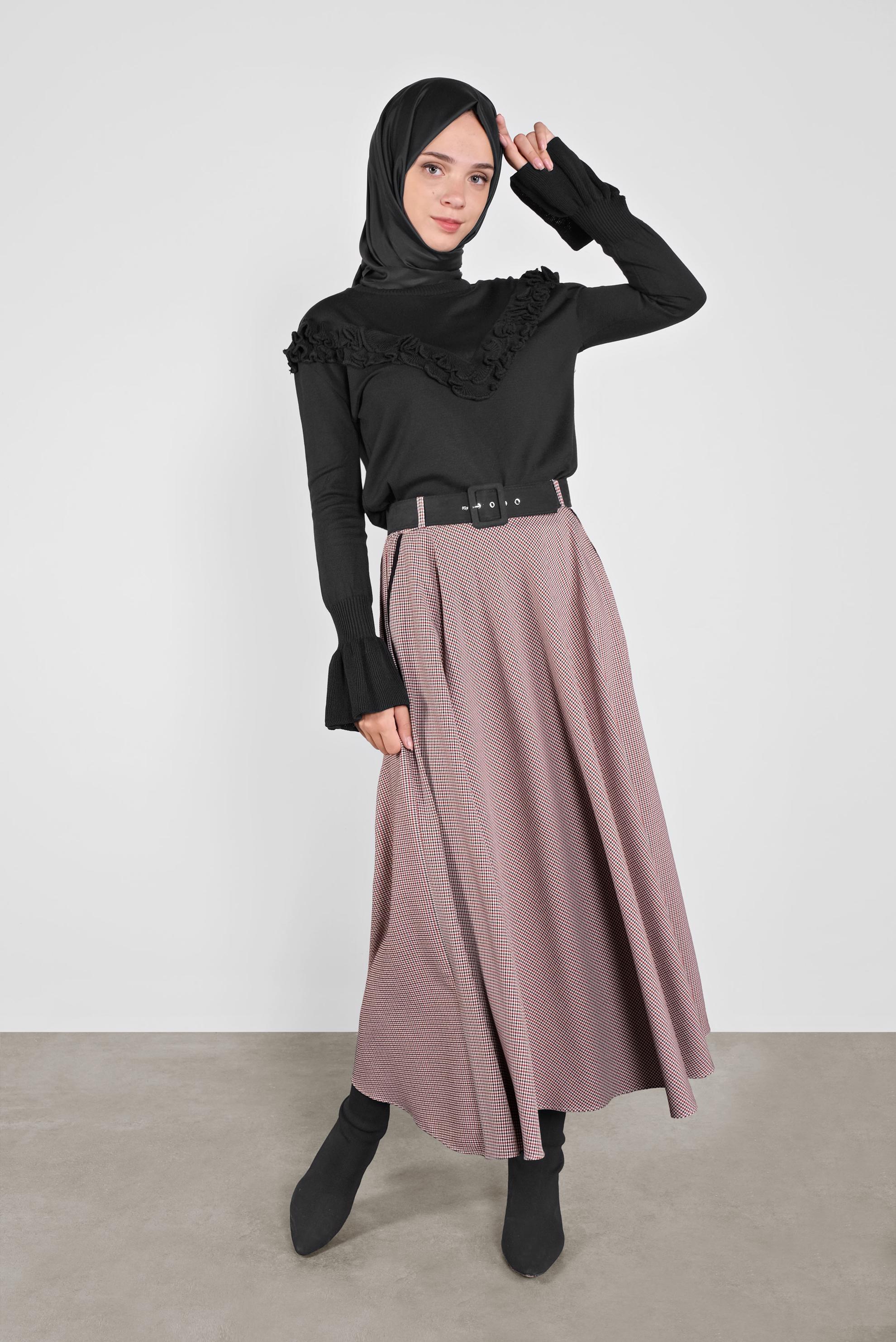 Tesettür giyim KIRMIZI EKOSE ÇAN ETEK 60112 