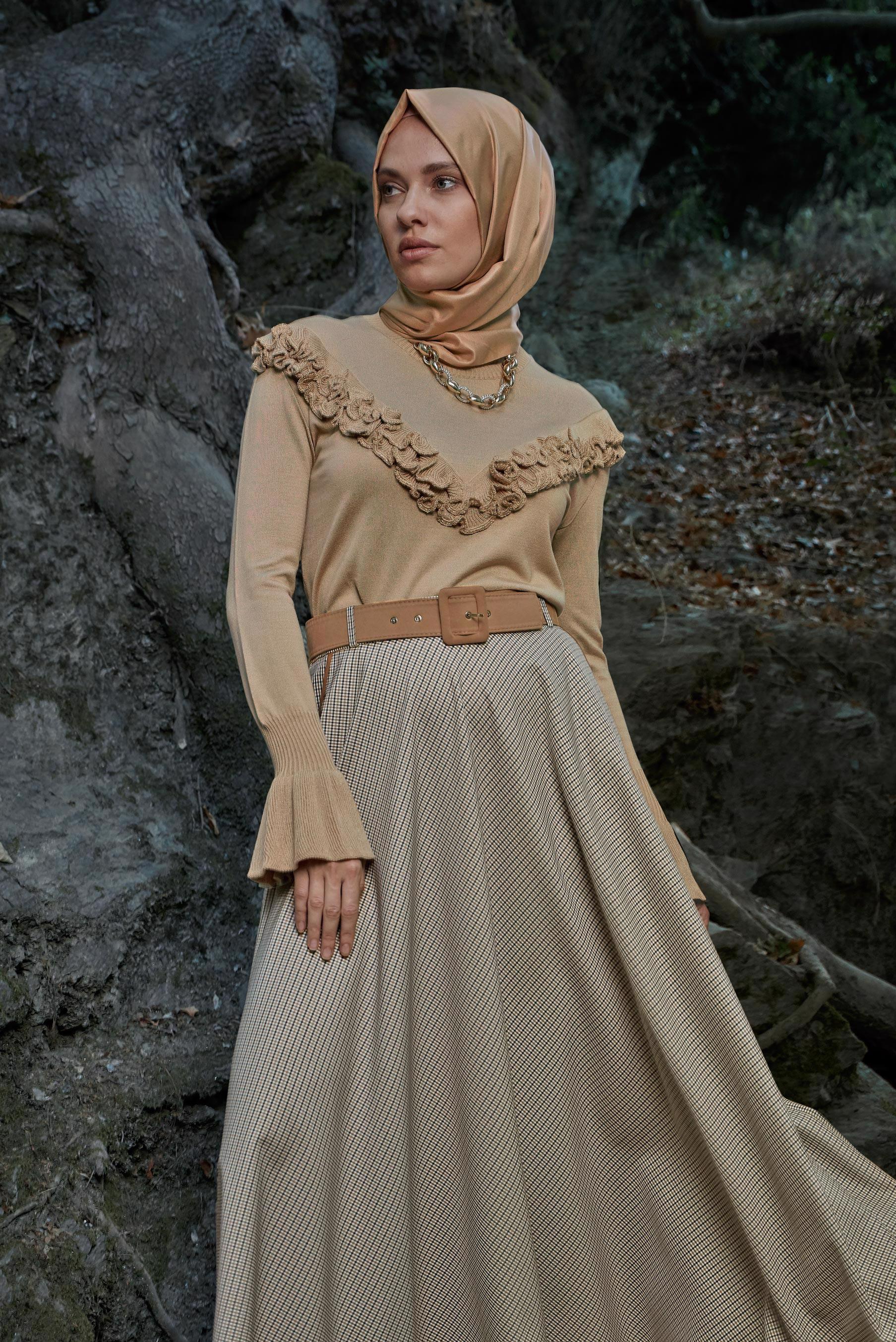 Tesettür giyim KAHVE EKOSE ÇAN ETEK 60112 