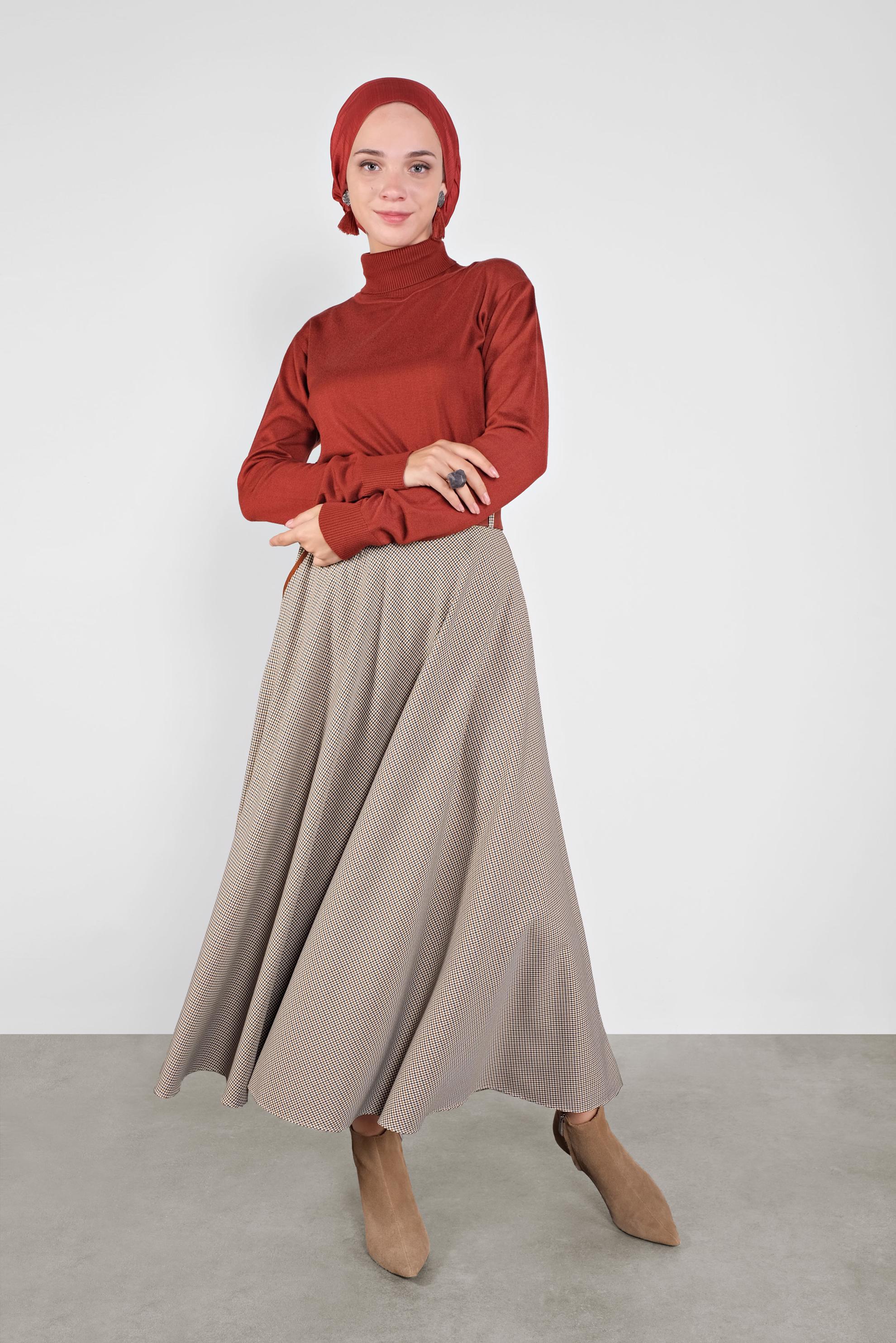 Tesettür giyim TURUNCU EKOSE ÇAN ETEK 60112 