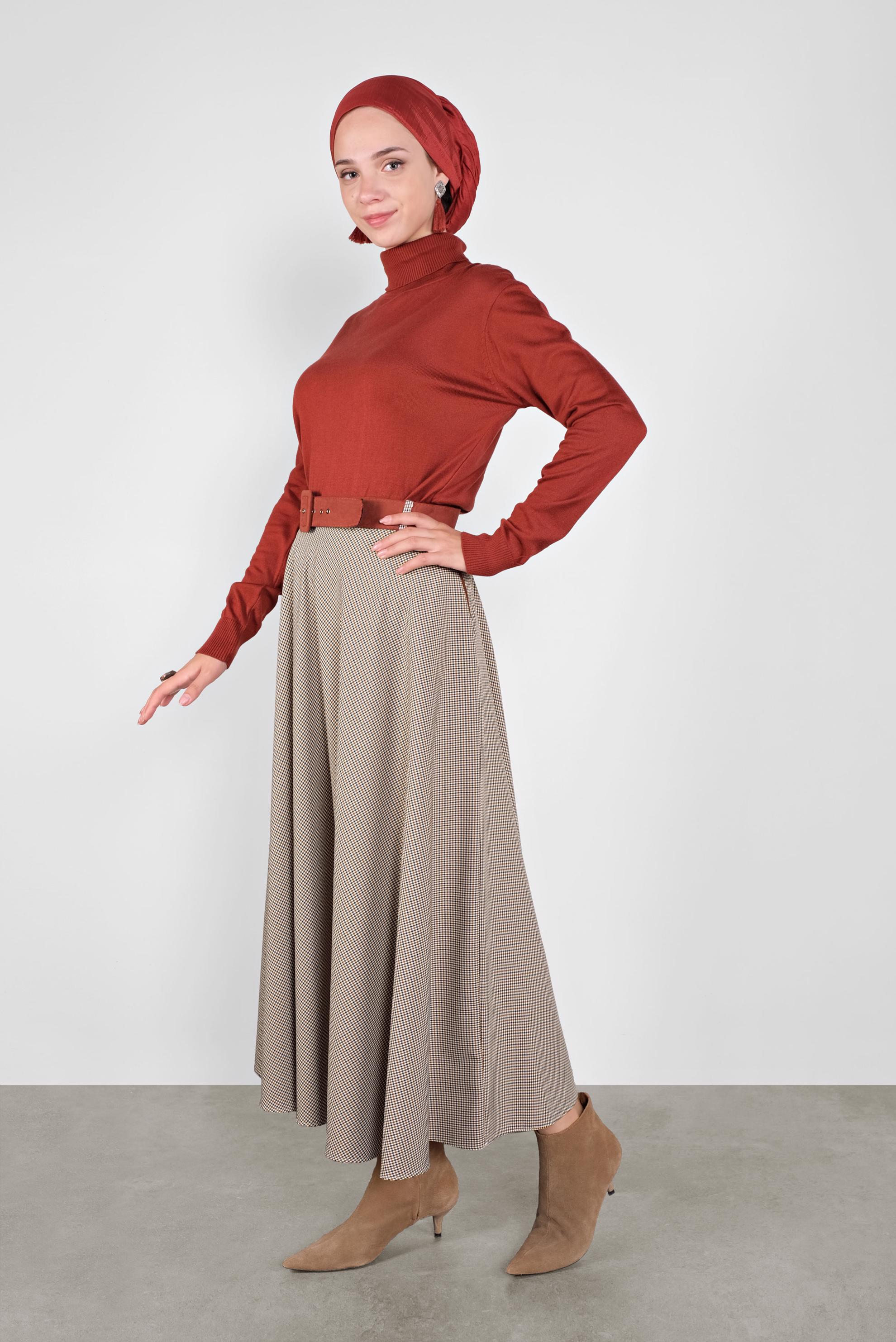 Tesettür giyim TURUNCU EKOSE ÇAN ETEK 60112 