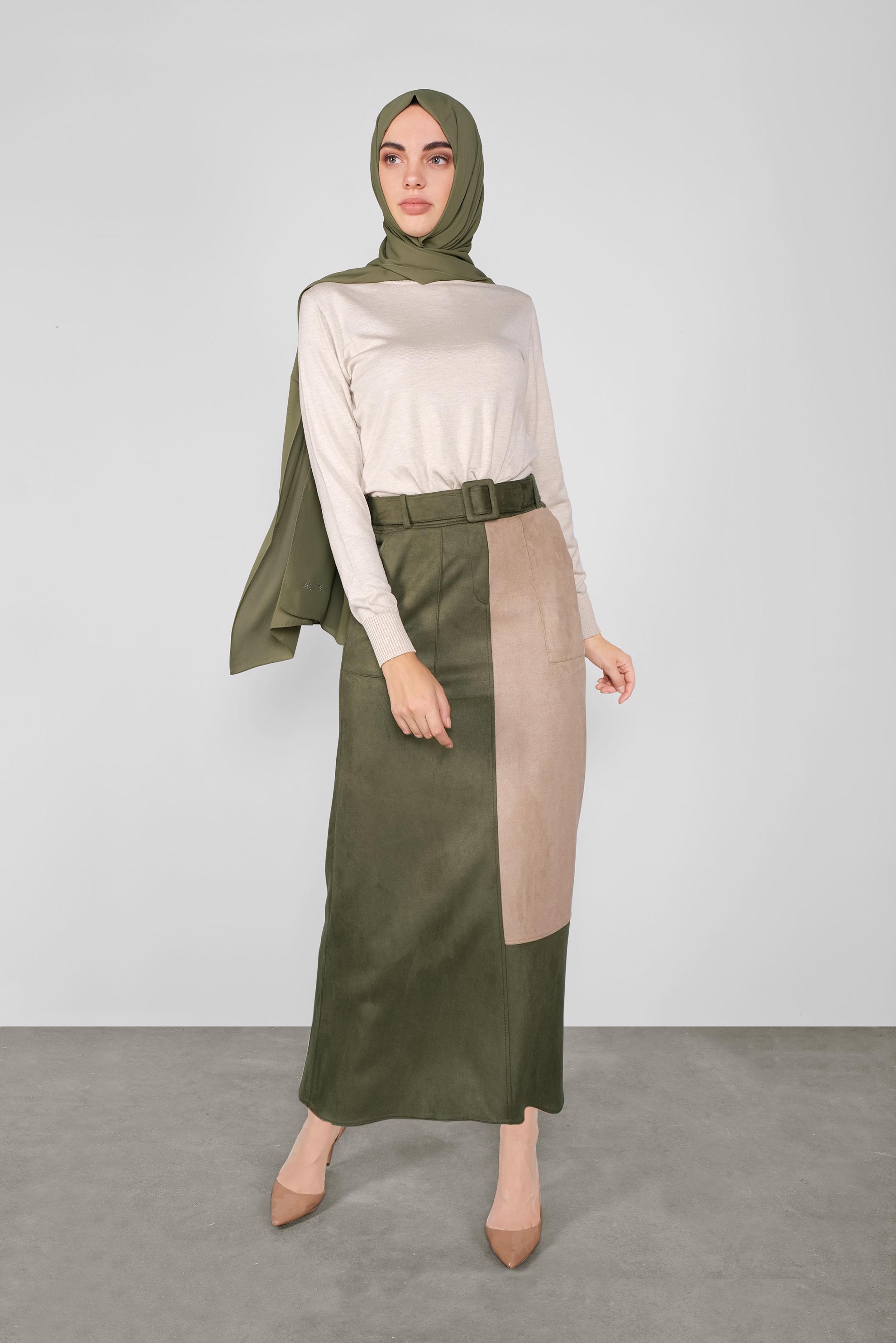 Tesettür giyim HAKİ CEPLİ SÜET ETEK 60113 