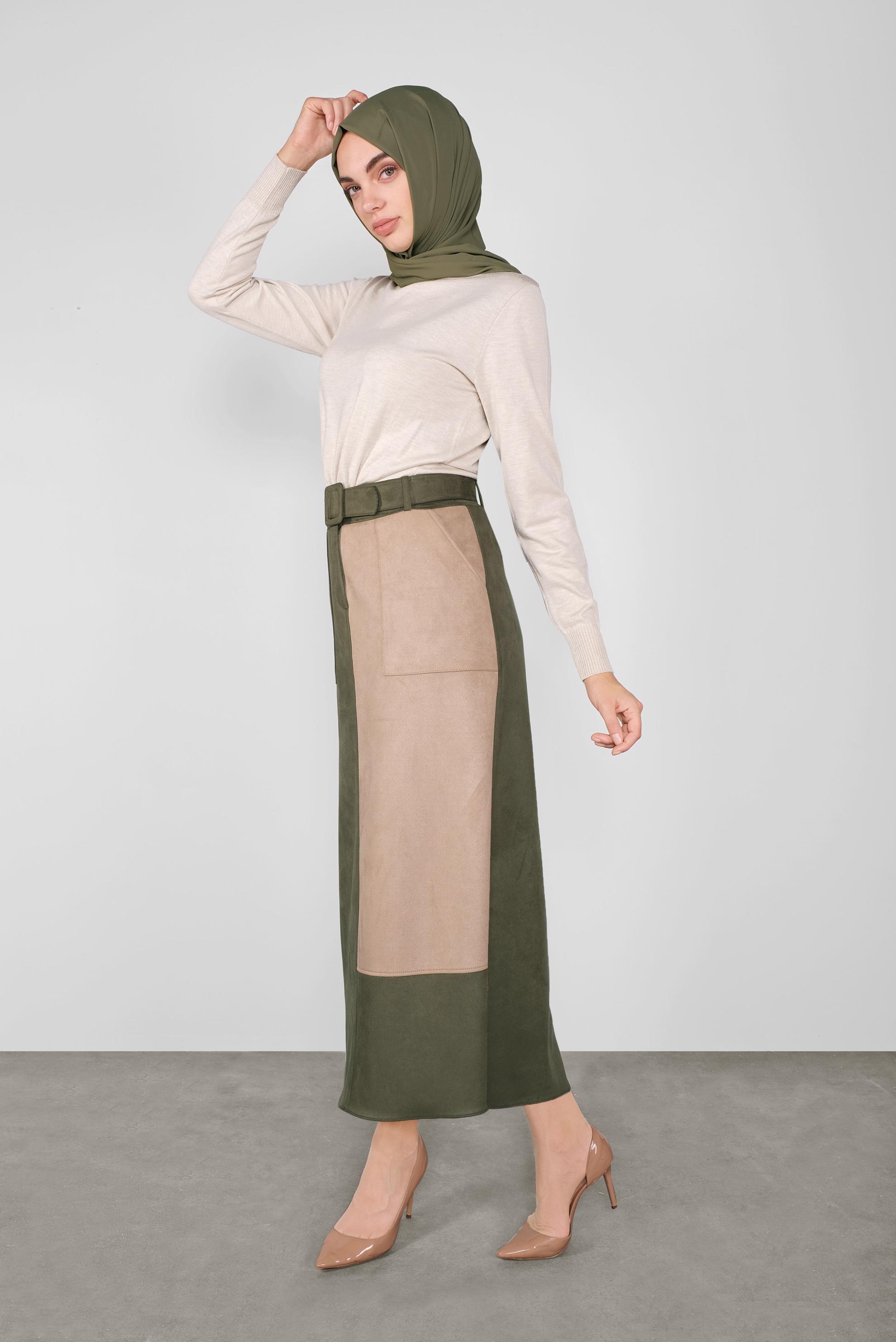 Tesettür giyim HAKİ CEPLİ SÜET ETEK 60113 