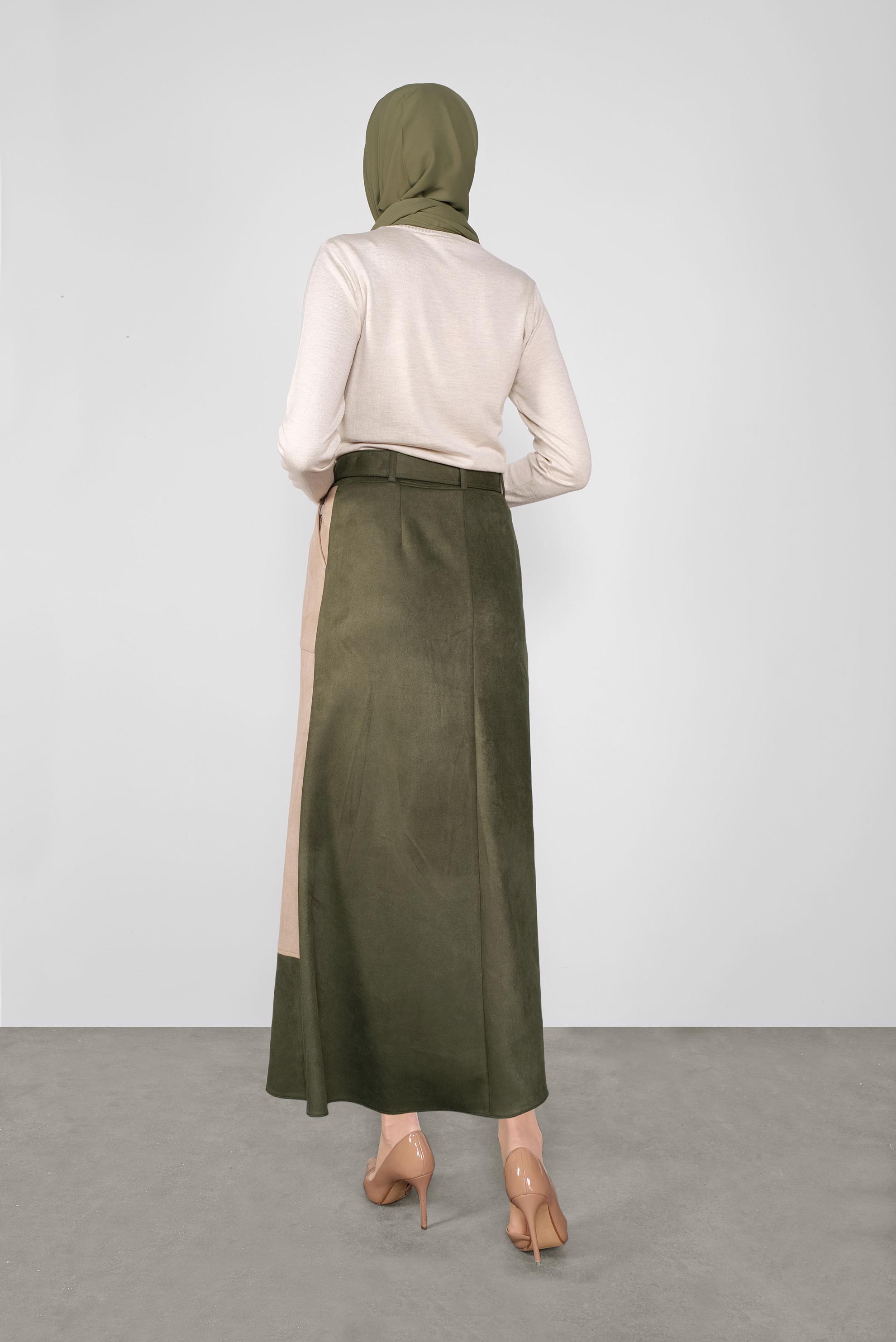 Tesettür giyim HAKİ CEPLİ SÜET ETEK 60113 