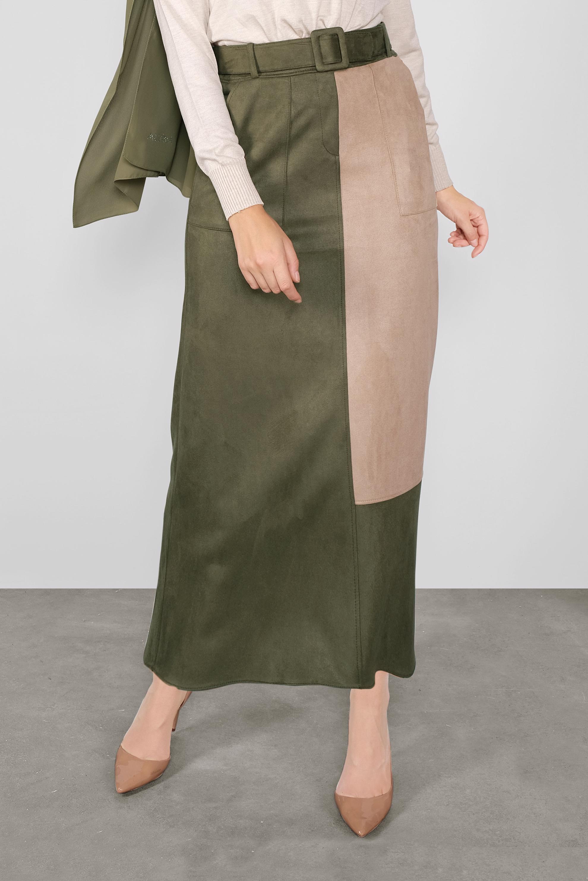 Tesettür giyim HAKİ CEPLİ SÜET ETEK 60113 