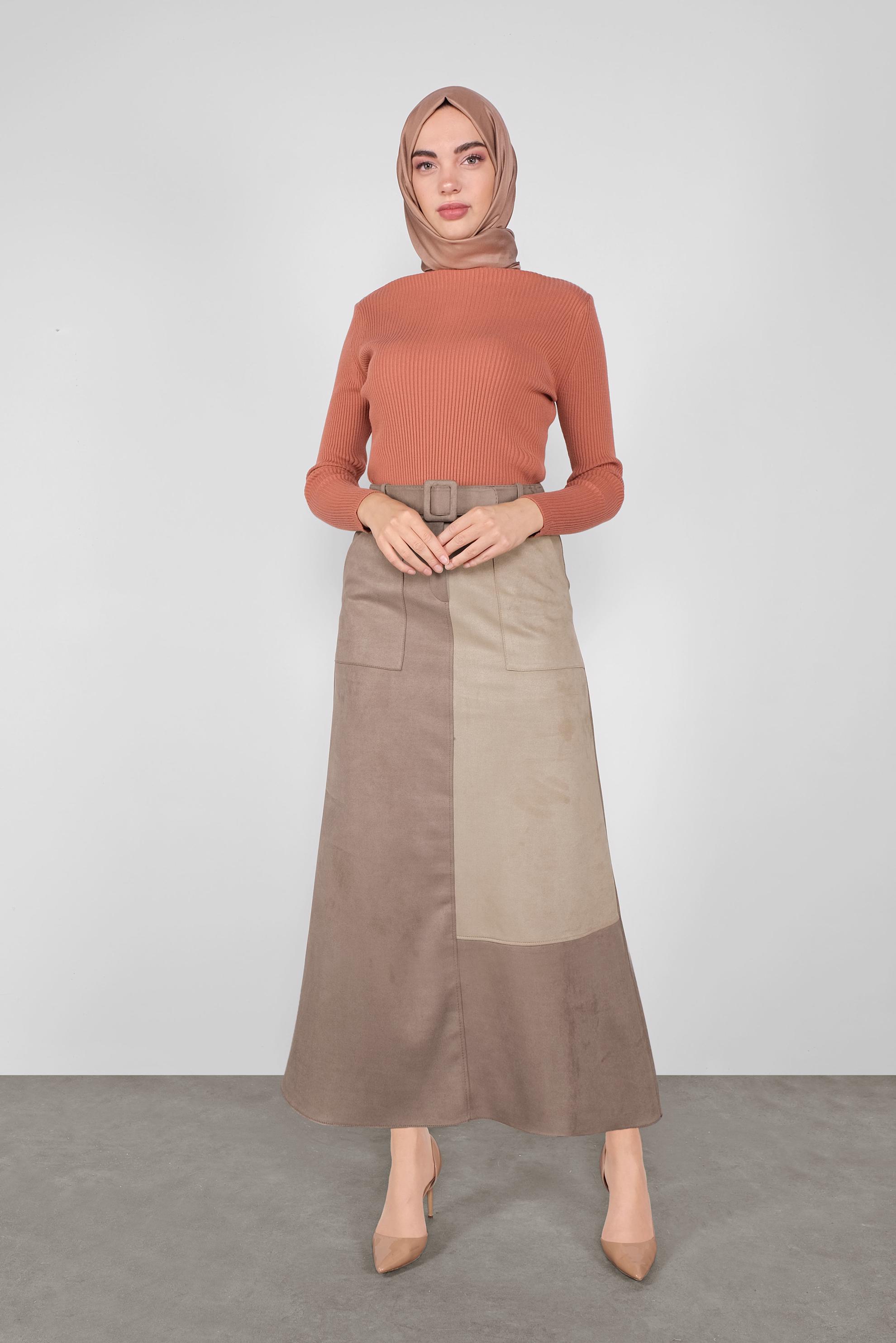Tesettür giyim KAHVE CEPLİ SÜET ETEK 60113 