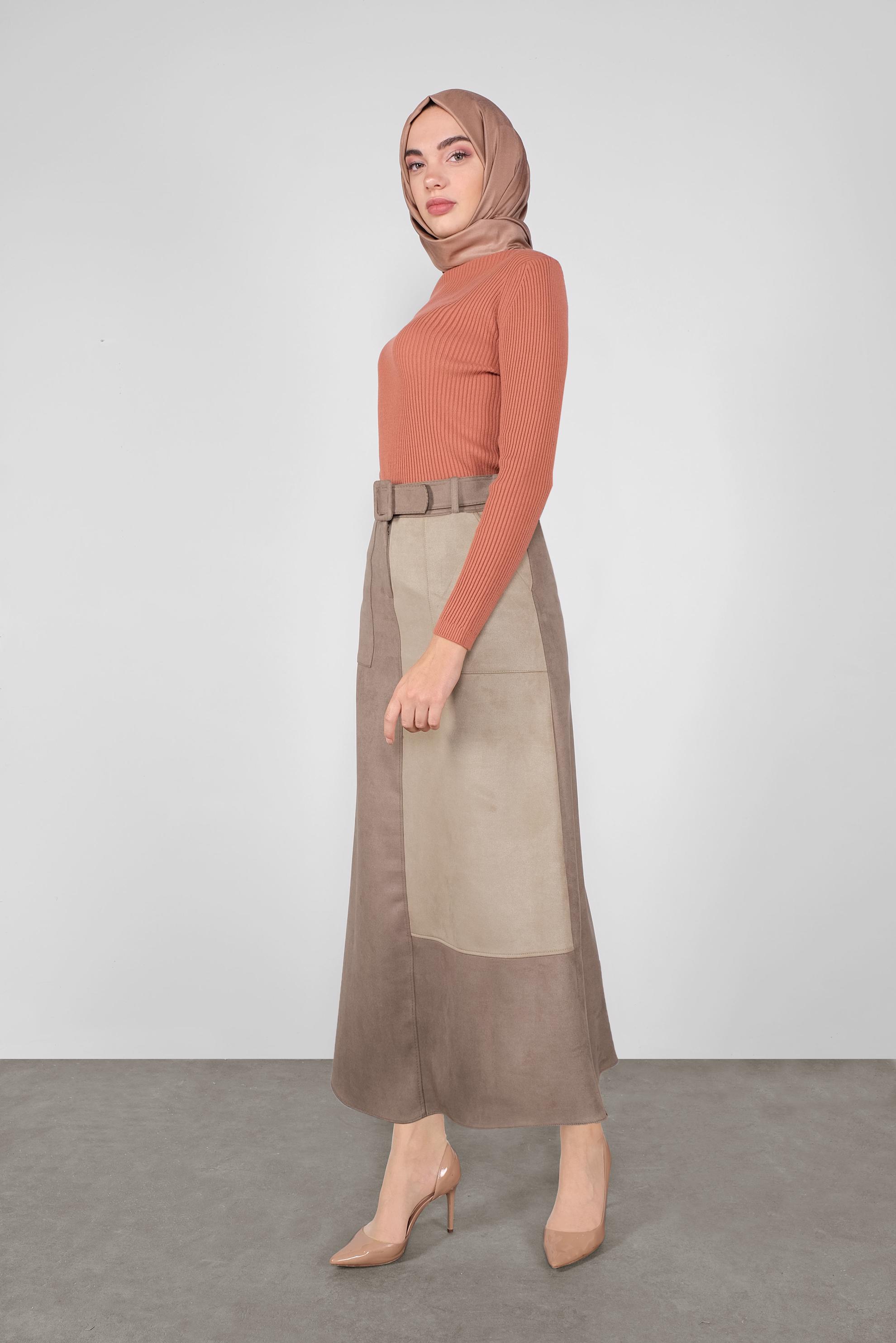 Tesettür giyim KAHVE CEPLİ SÜET ETEK 60113 