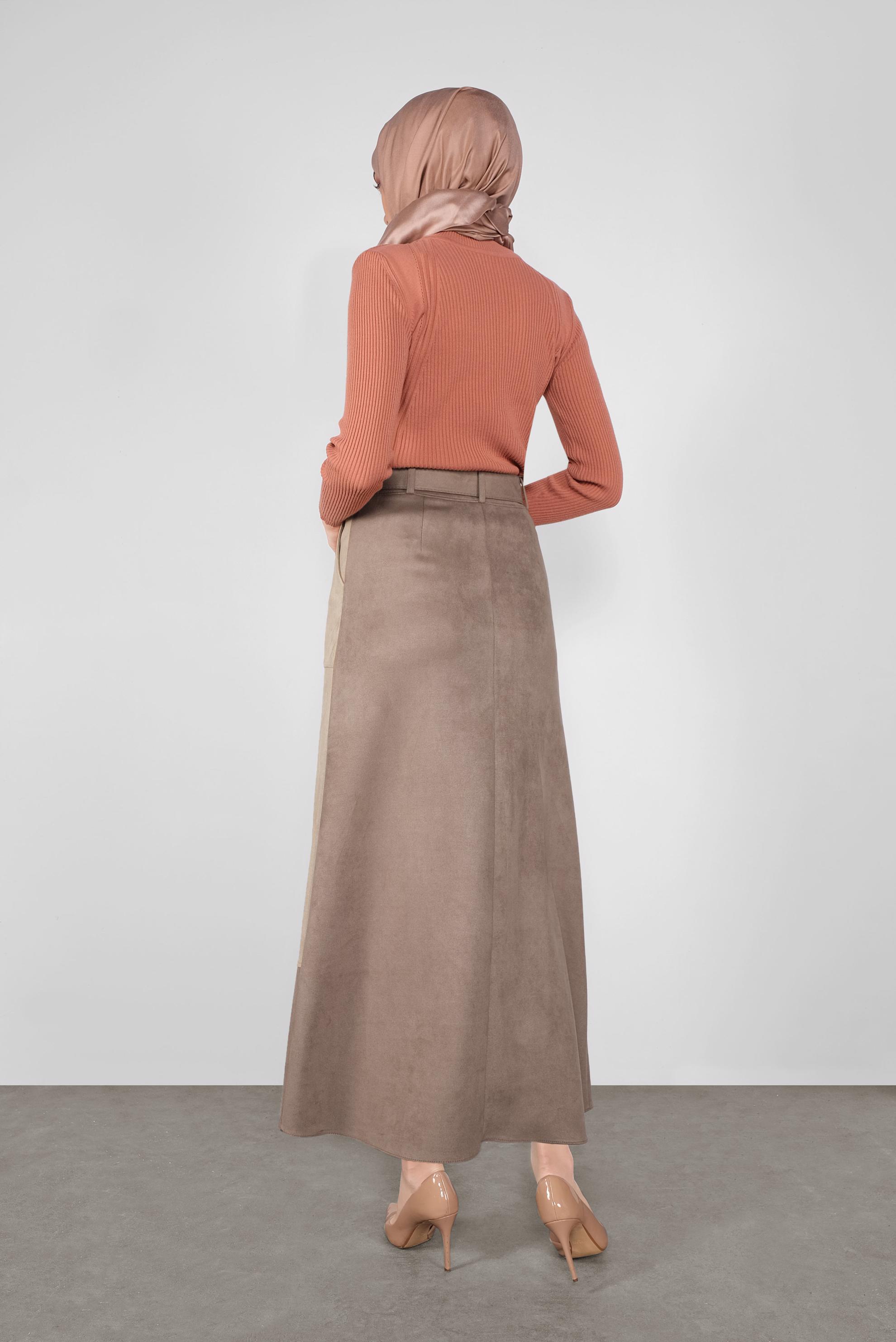 Tesettür giyim KAHVE CEPLİ SÜET ETEK 60113 