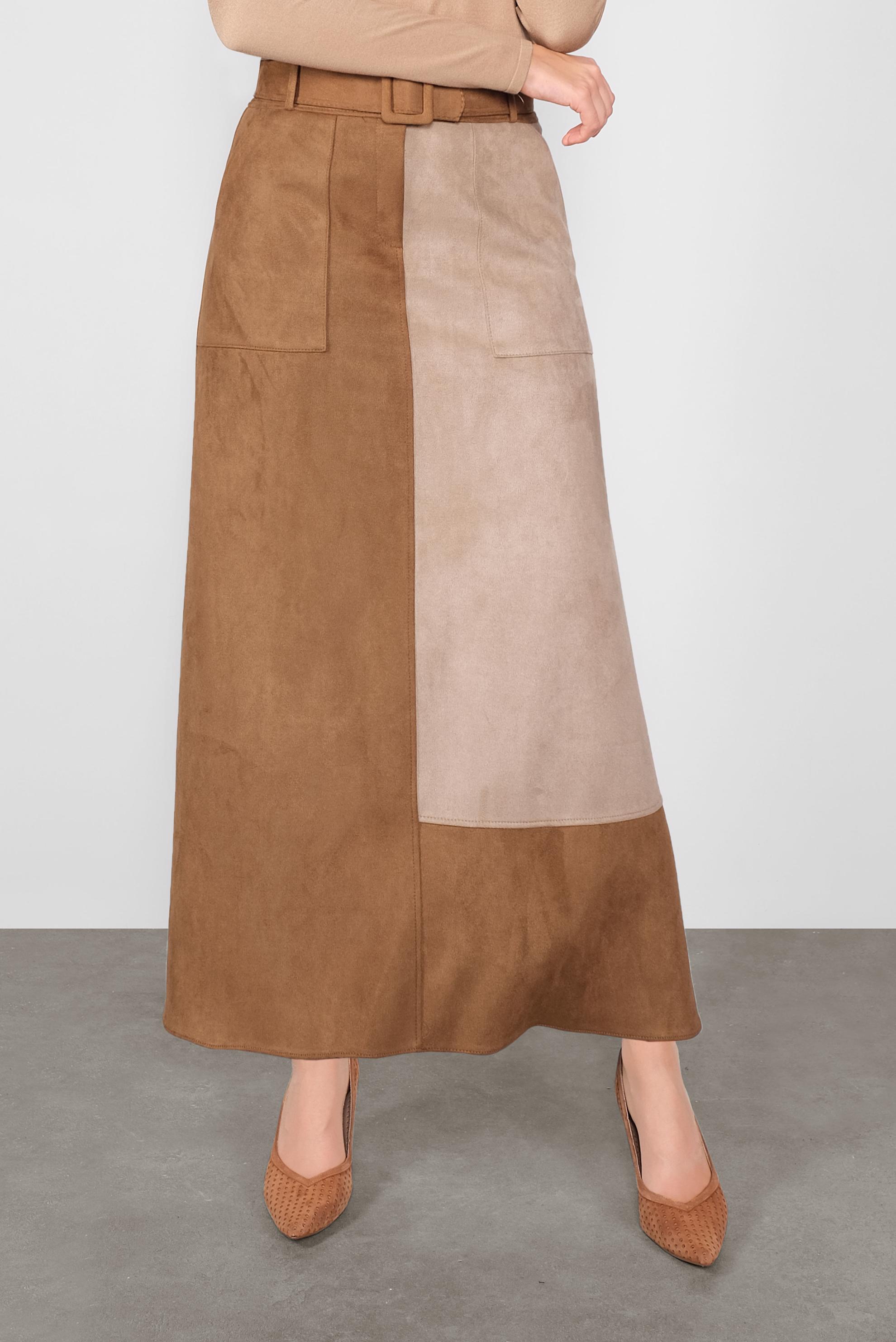 Tesettür giyim KAHVE CEPLİ SÜET ETEK 60113 