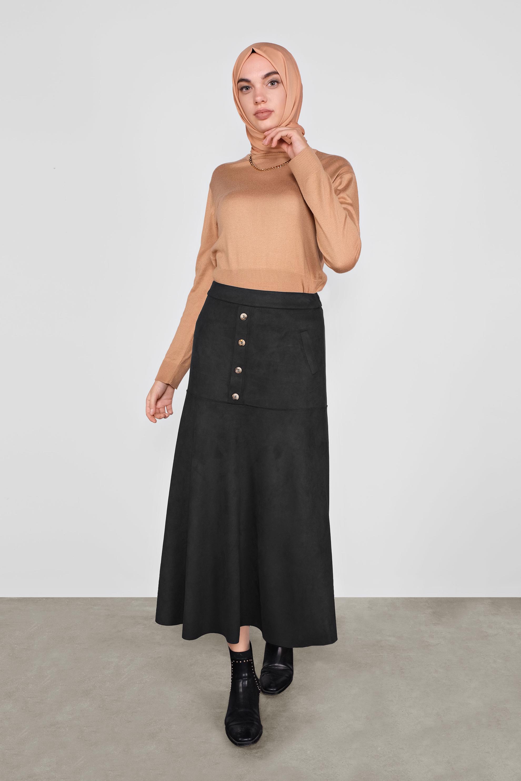 Tesettür giyim SİYAH DÜĞMELİ  SÜET ETEK 60115