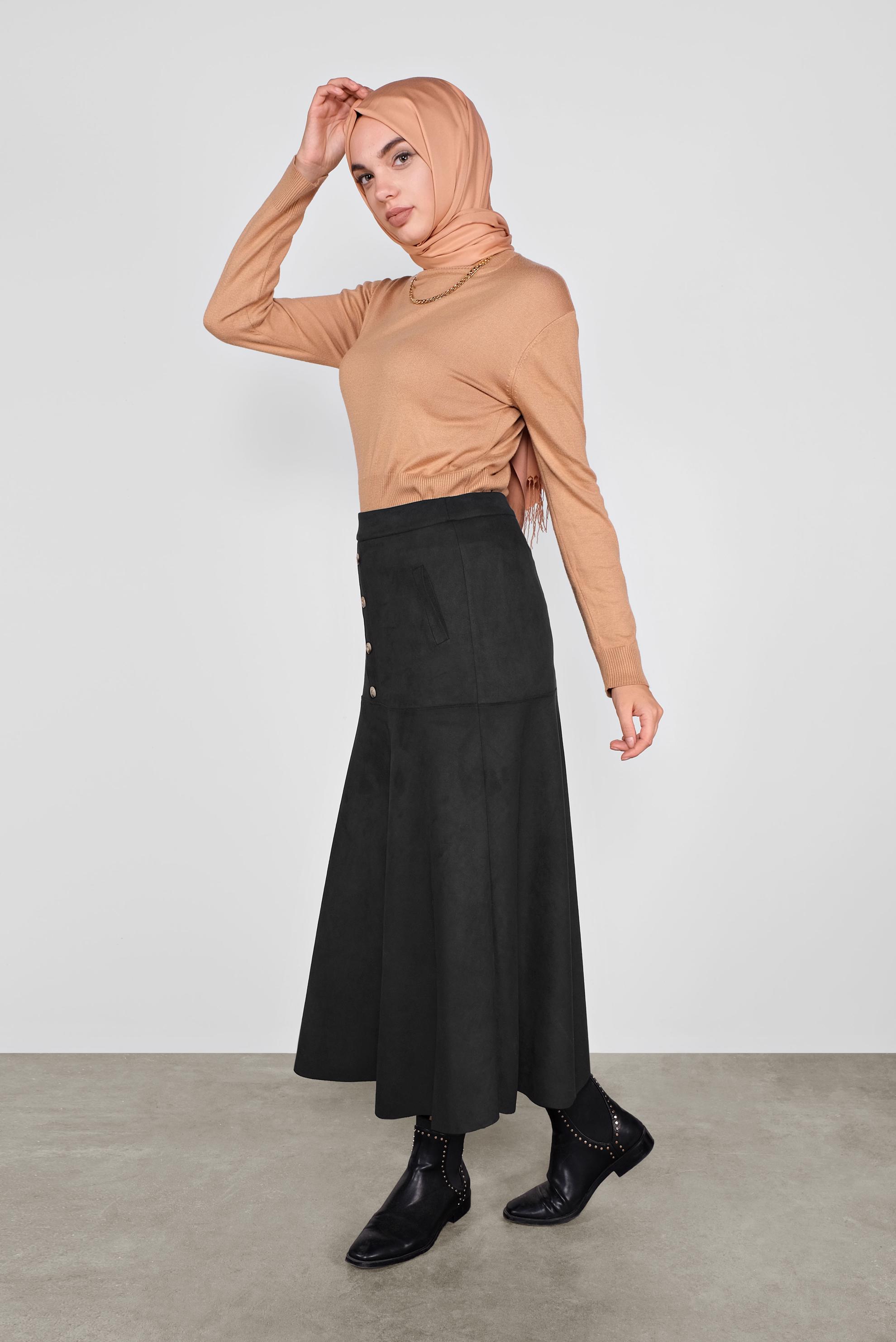 Tesettür giyim SİYAH DÜĞMELİ  SÜET ETEK 60115