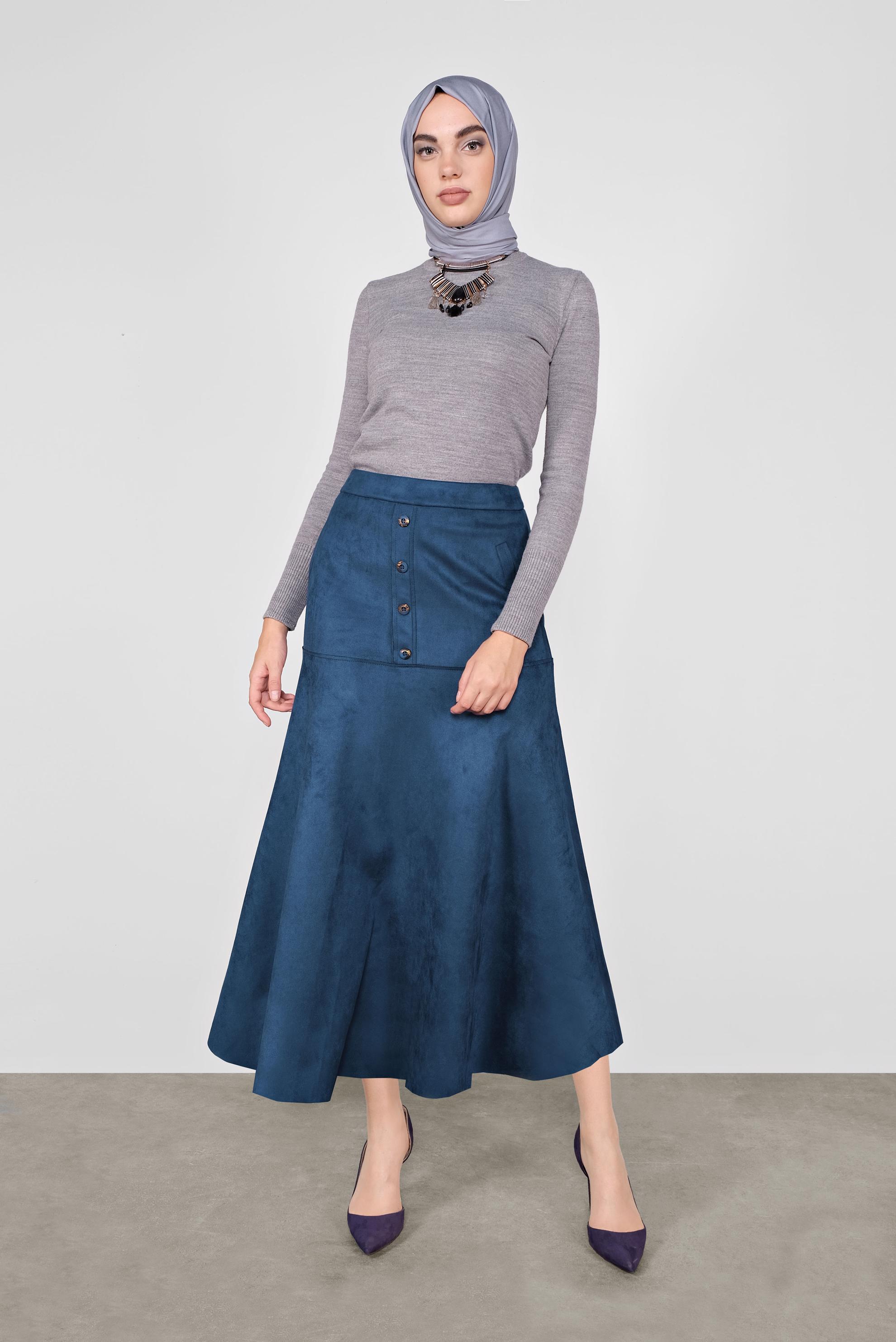 Tesettür giyim LACİVERT DÜĞMELİ  SÜET ETEK 60115