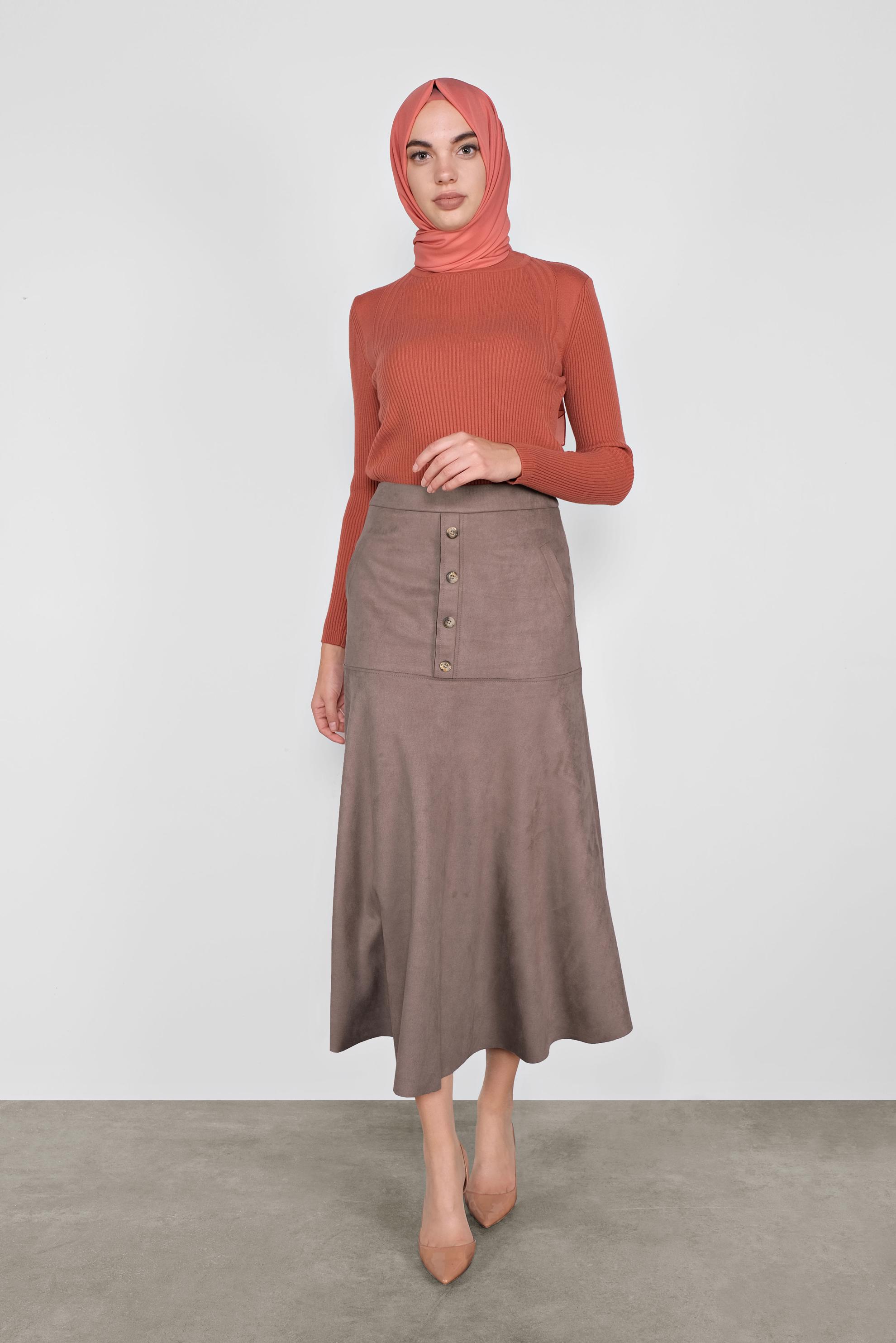 Tesettür giyim VİZON DÜĞMELİ  SÜET ETEK 60115