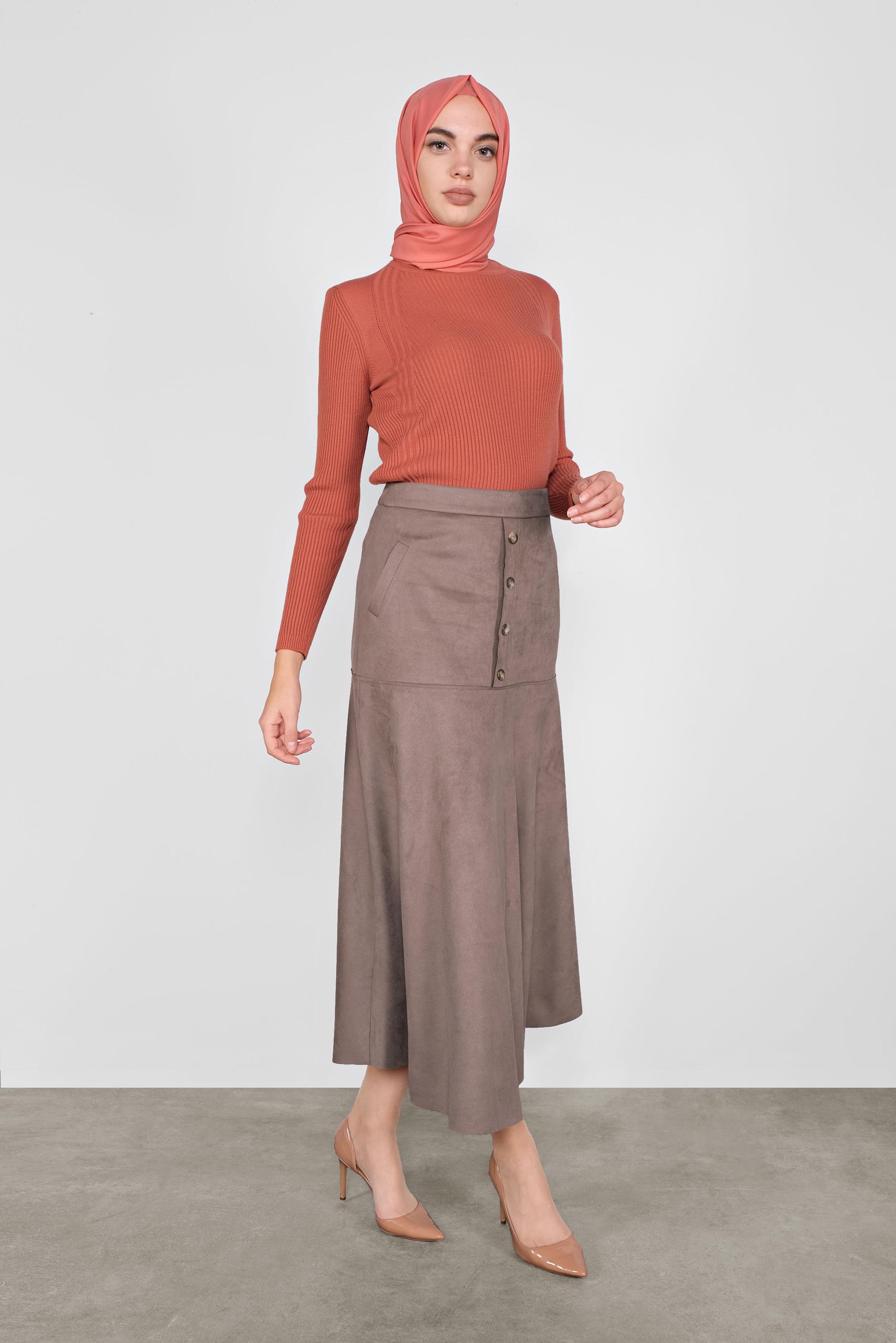Tesettür giyim VİZON DÜĞMELİ  SÜET ETEK 60115