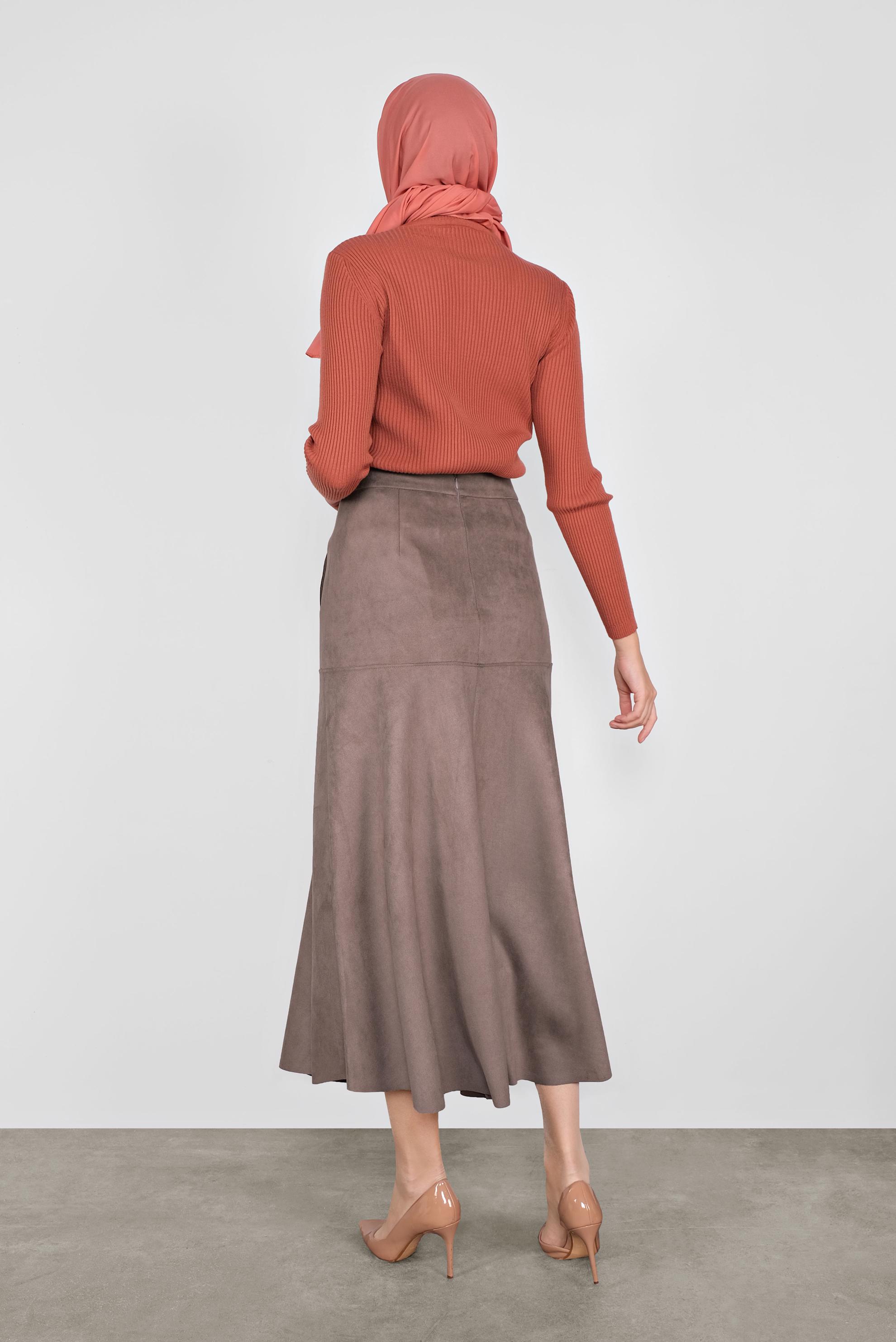 Tesettür giyim VİZON DÜĞMELİ  SÜET ETEK 60115