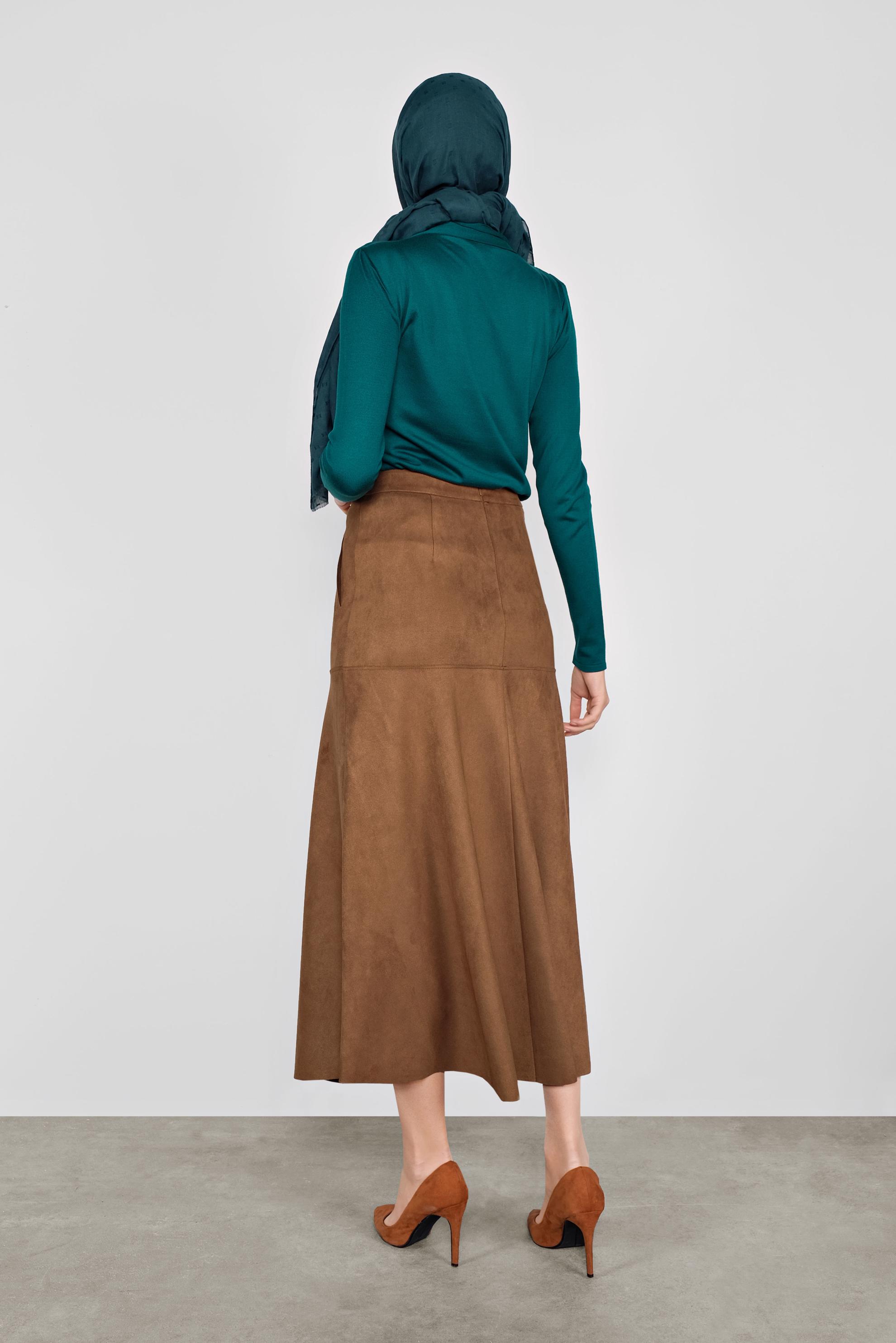 Tesettür giyim KAHVE DÜĞMELİ  SÜET ETEK 60115