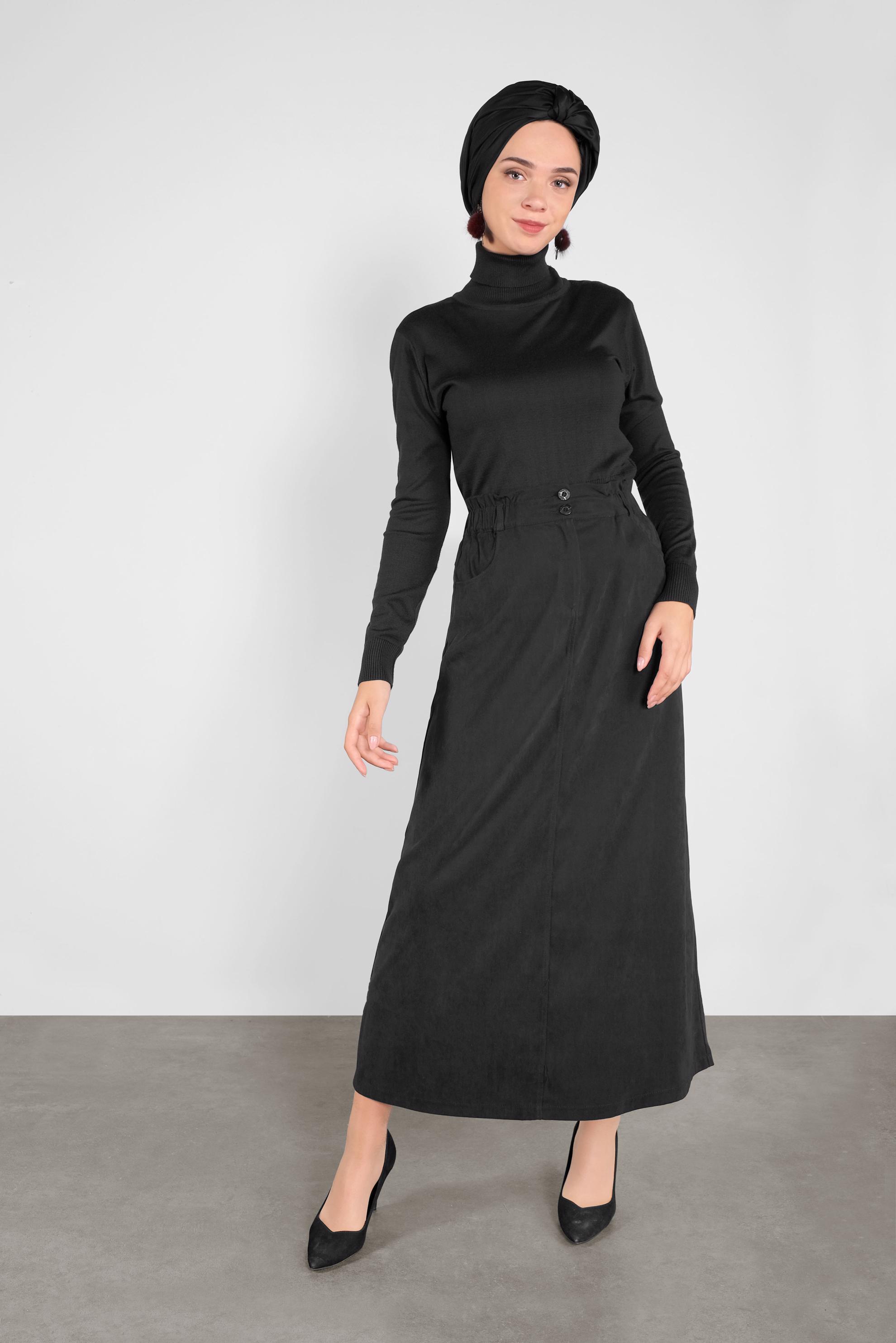 Tesettür giyim SİYAH BELİ LASTİKLİ NUBUK ETEK 60117 