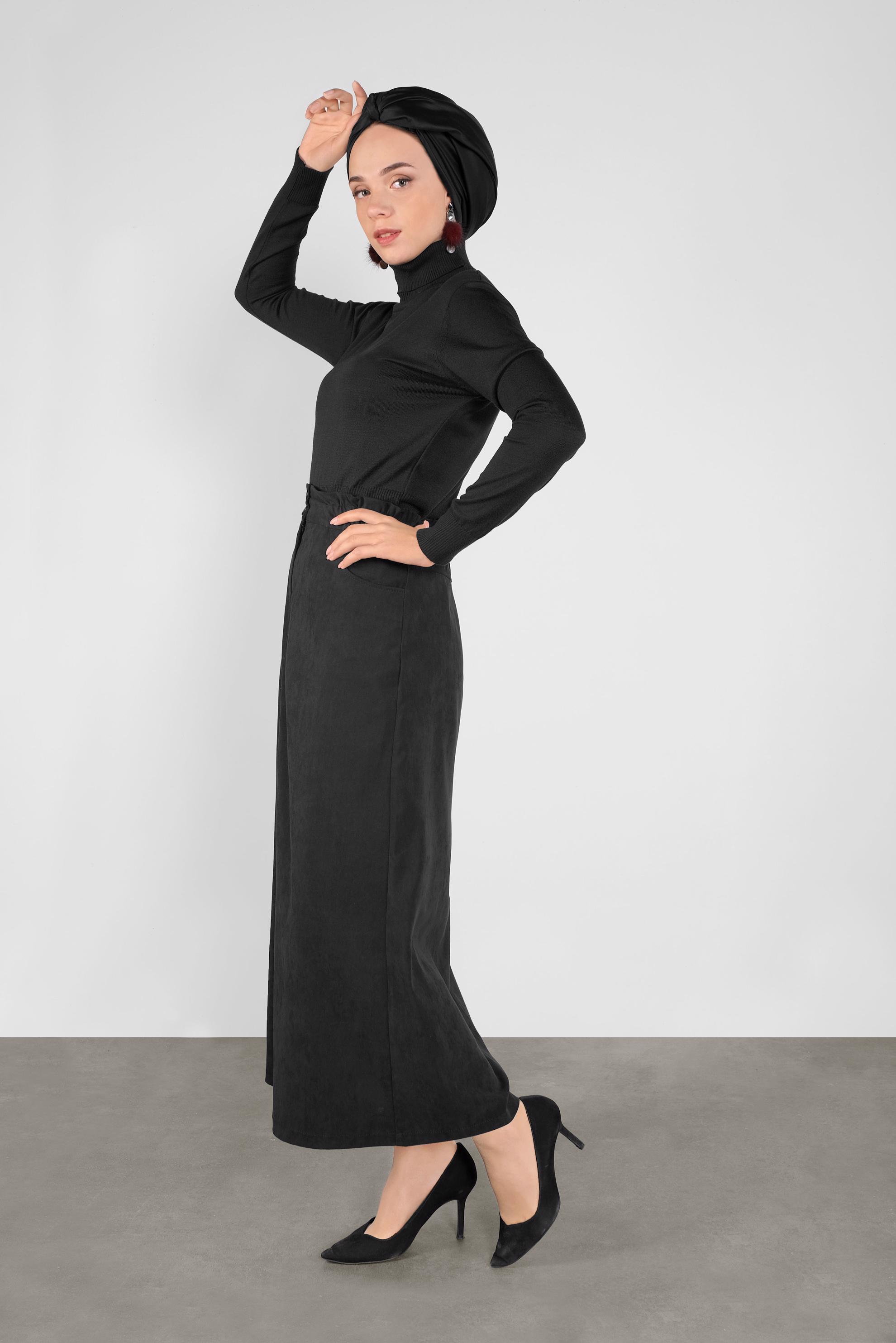 Tesettür giyim SİYAH BELİ LASTİKLİ NUBUK ETEK 60117 