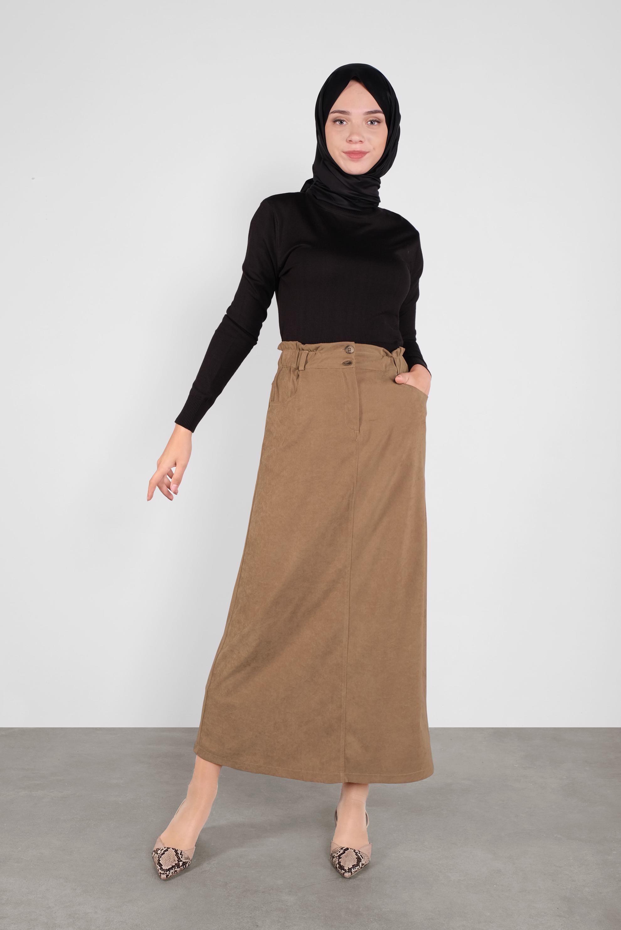 Tesettür giyim BEJ BELİ LASTİKLİ NUBUK ETEK 60117 