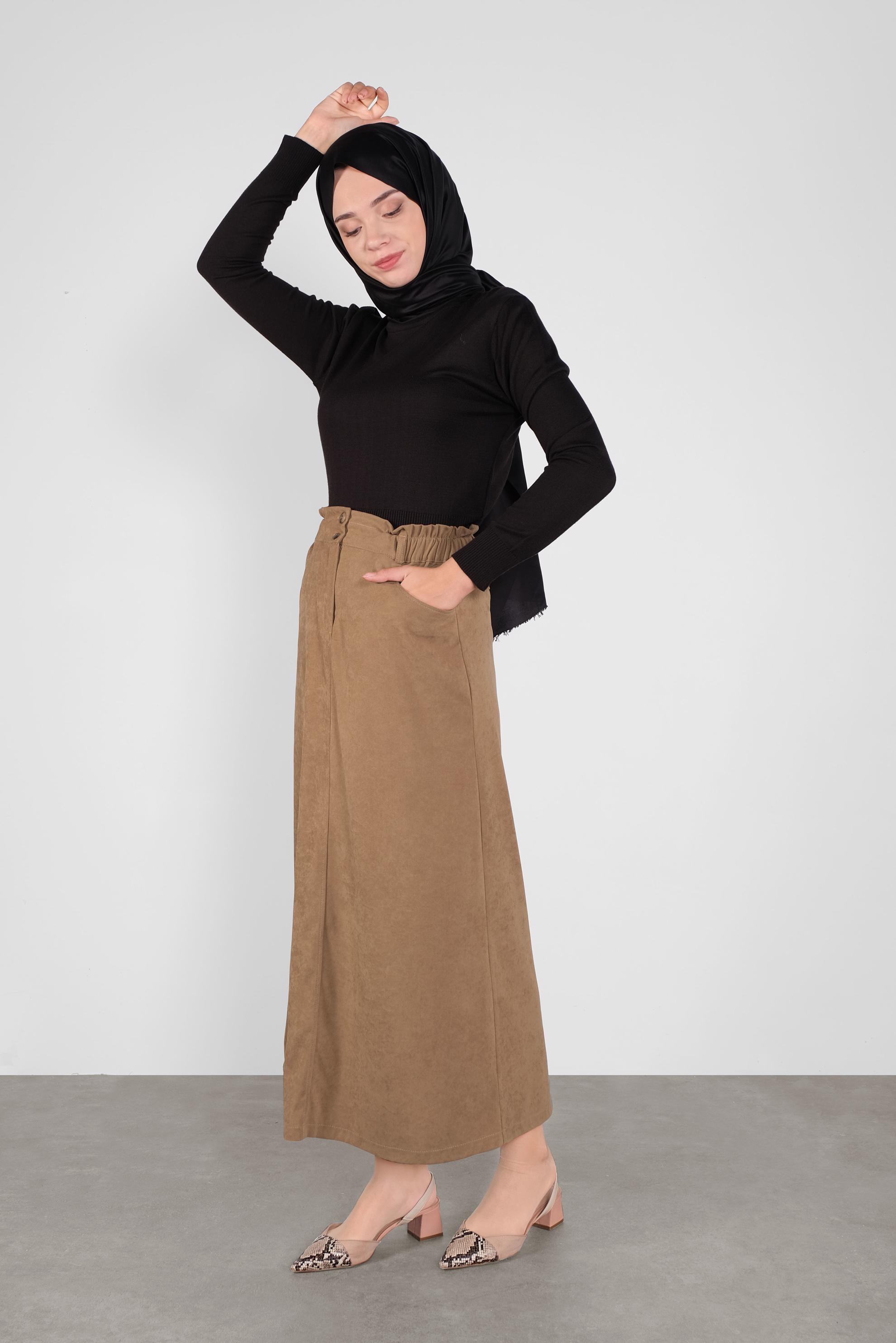 Tesettür giyim BEJ BELİ LASTİKLİ NUBUK ETEK 60117 